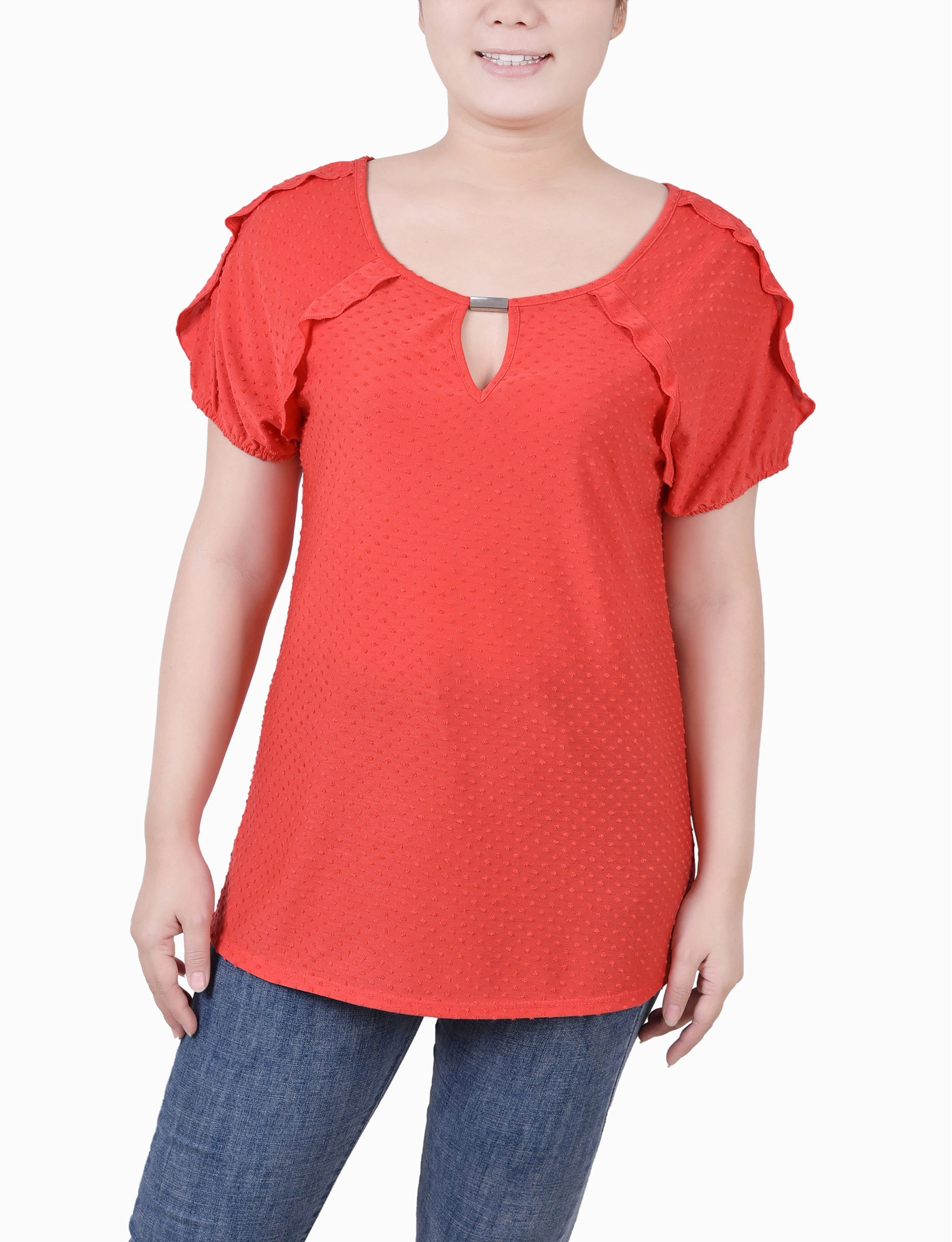 Petite Short Sleeve Swiss Dot Top StretchKnit High Density Weave