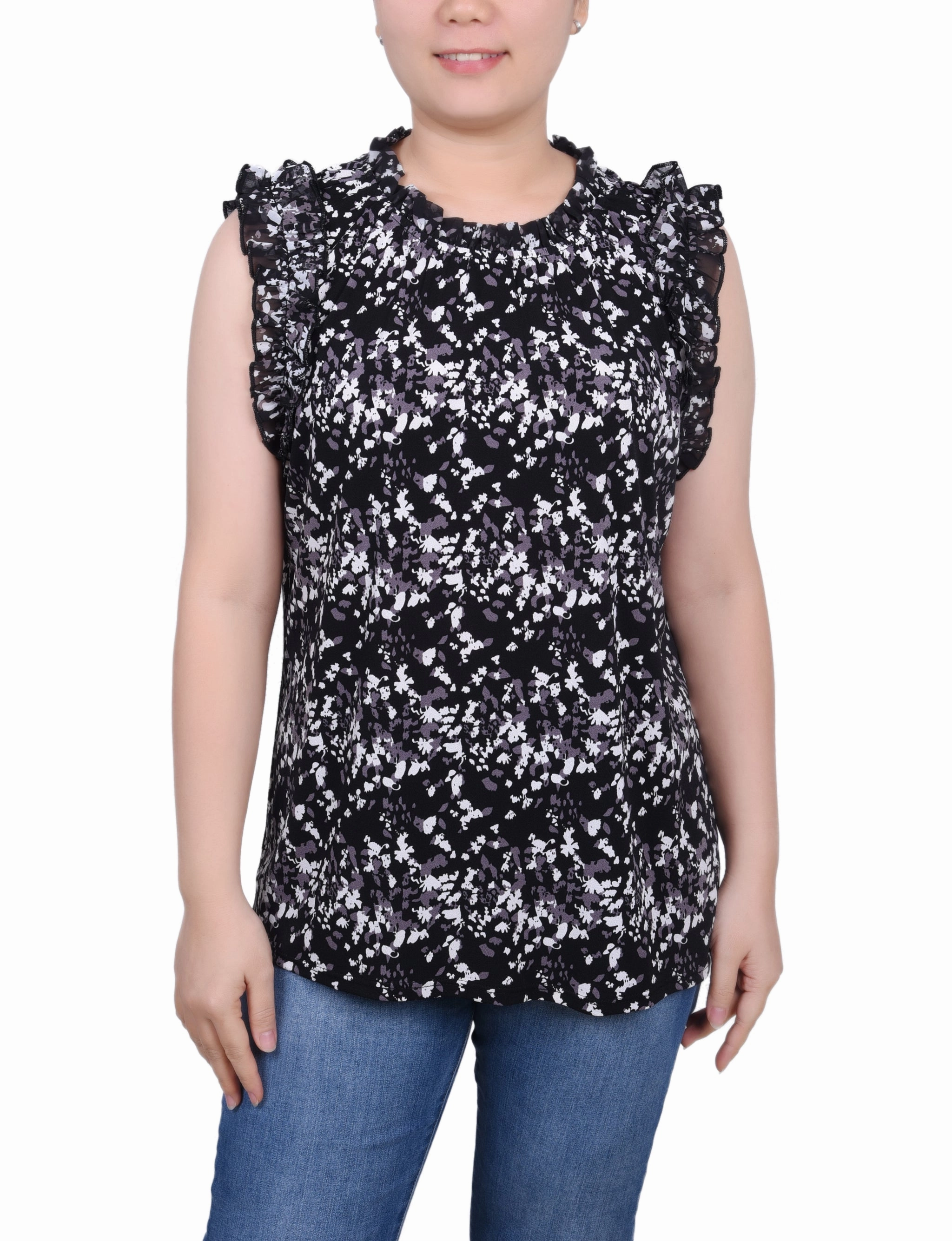 Petite Sleeveless Crepe Top With Chiffon Ruffles Casual Tank Bold Patterns