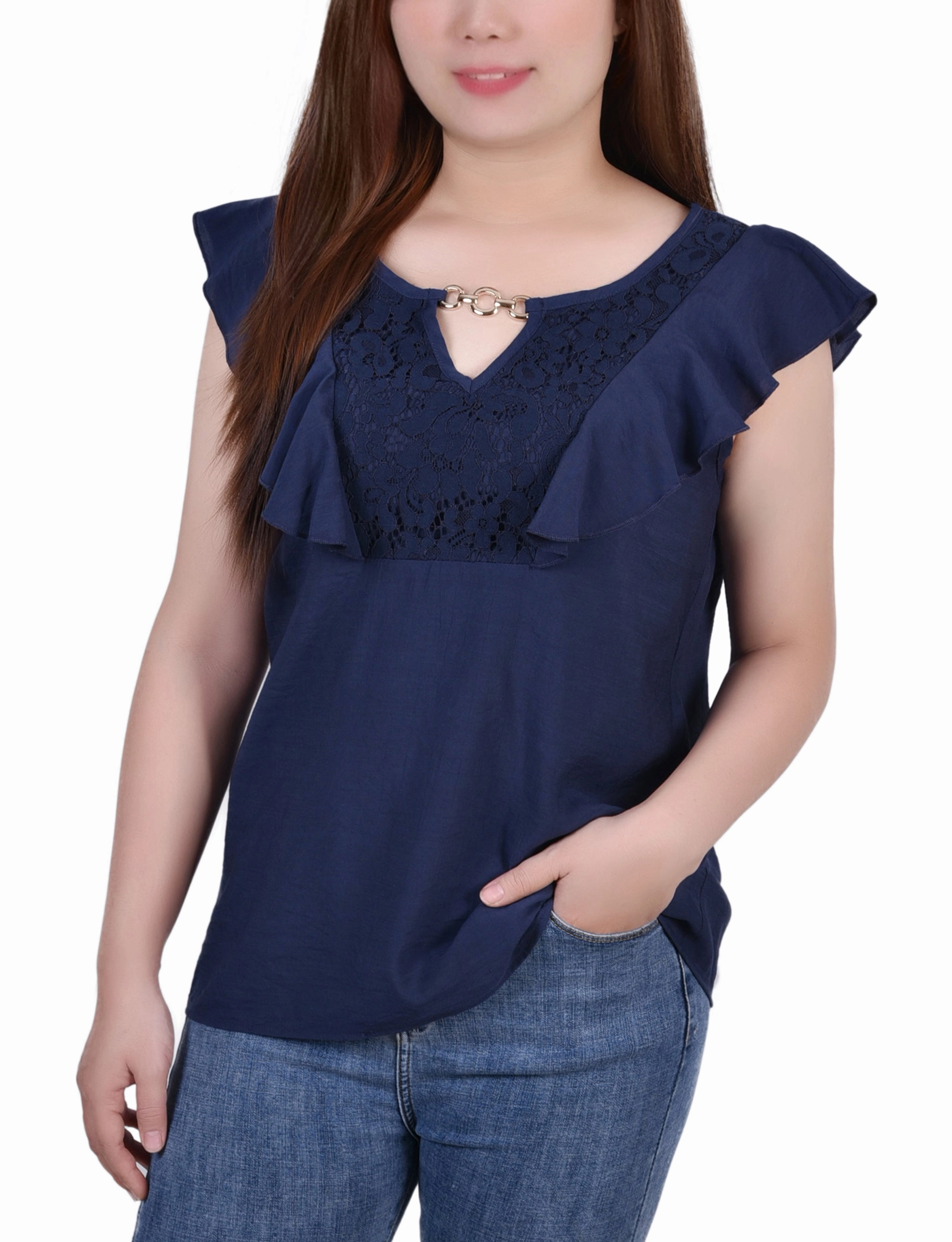 Petite Sleeveless Flutter Yoke Blouse Modular Pocket Layout