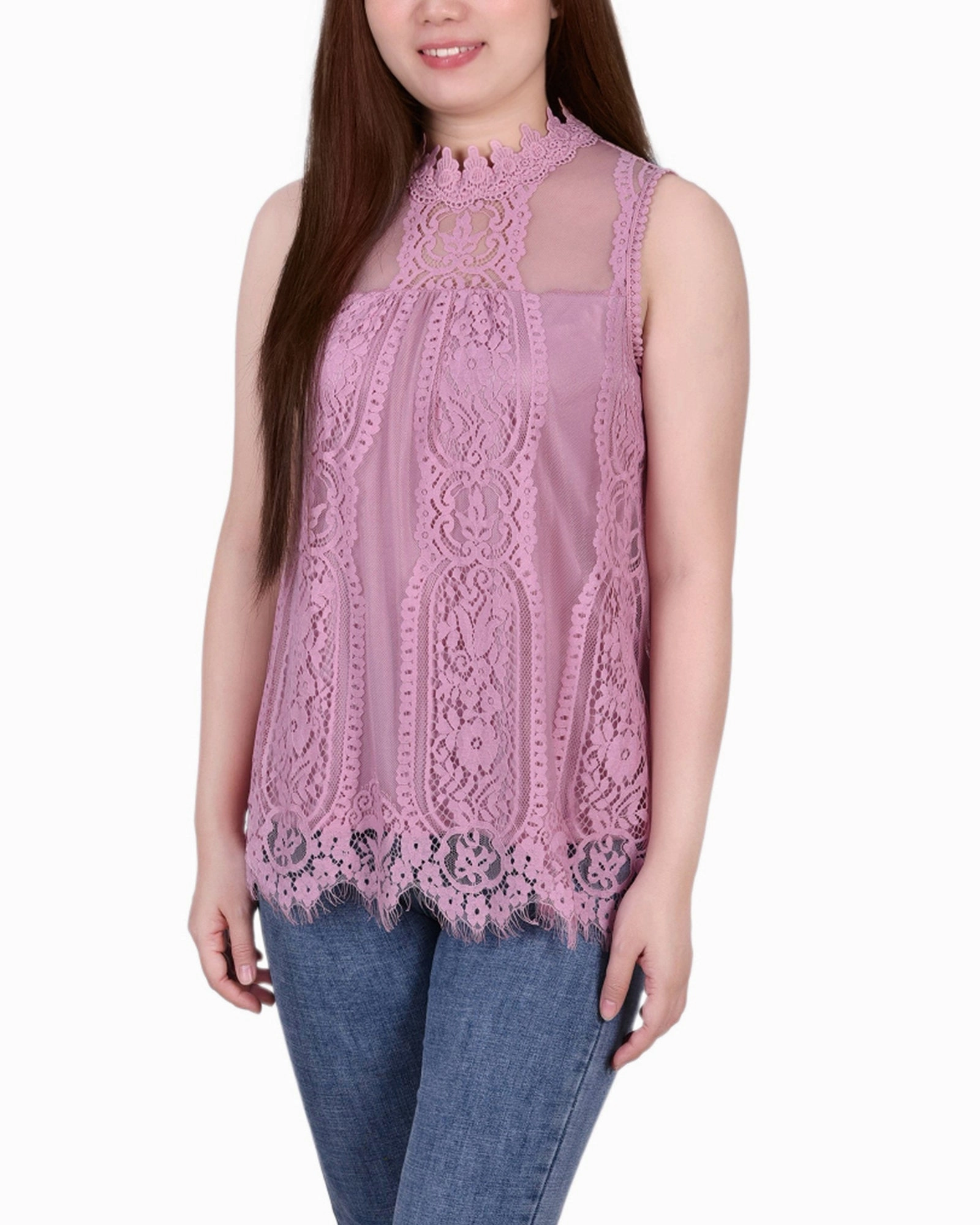 Petite Sleeveless Mock Neck Lace Top Versatile Design Low Profile Stitching