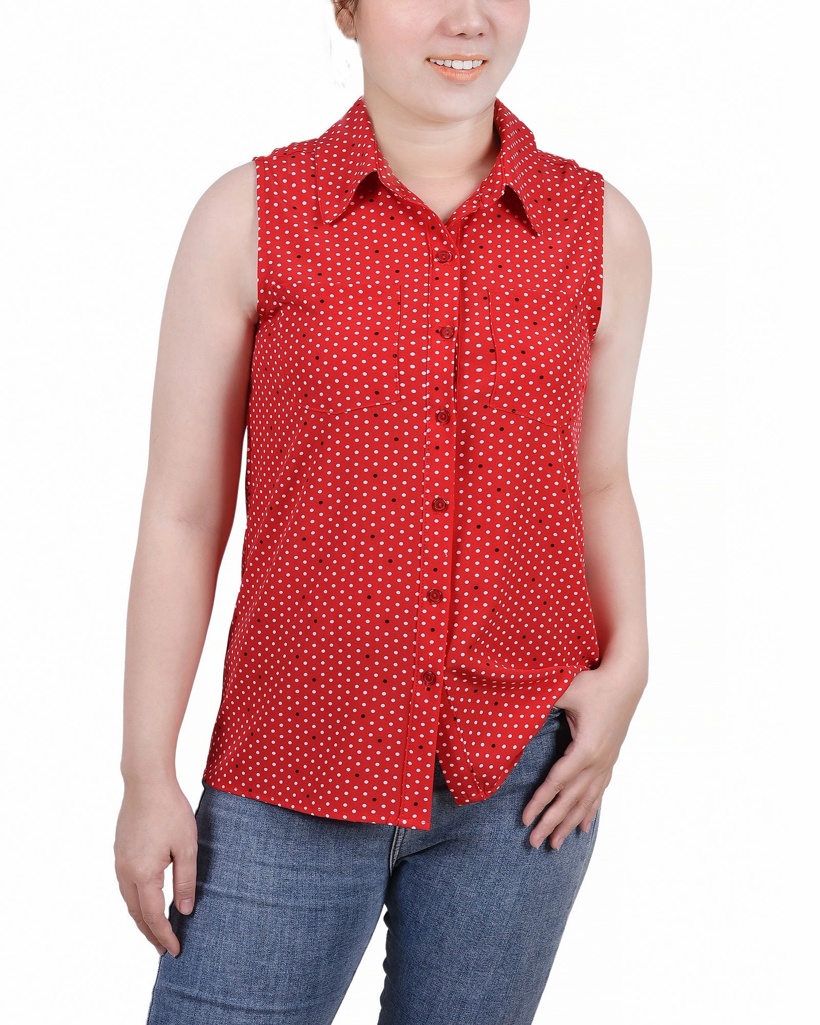 Petite Sleeveless Notch Collar Button Front Blouse AthleticInspired