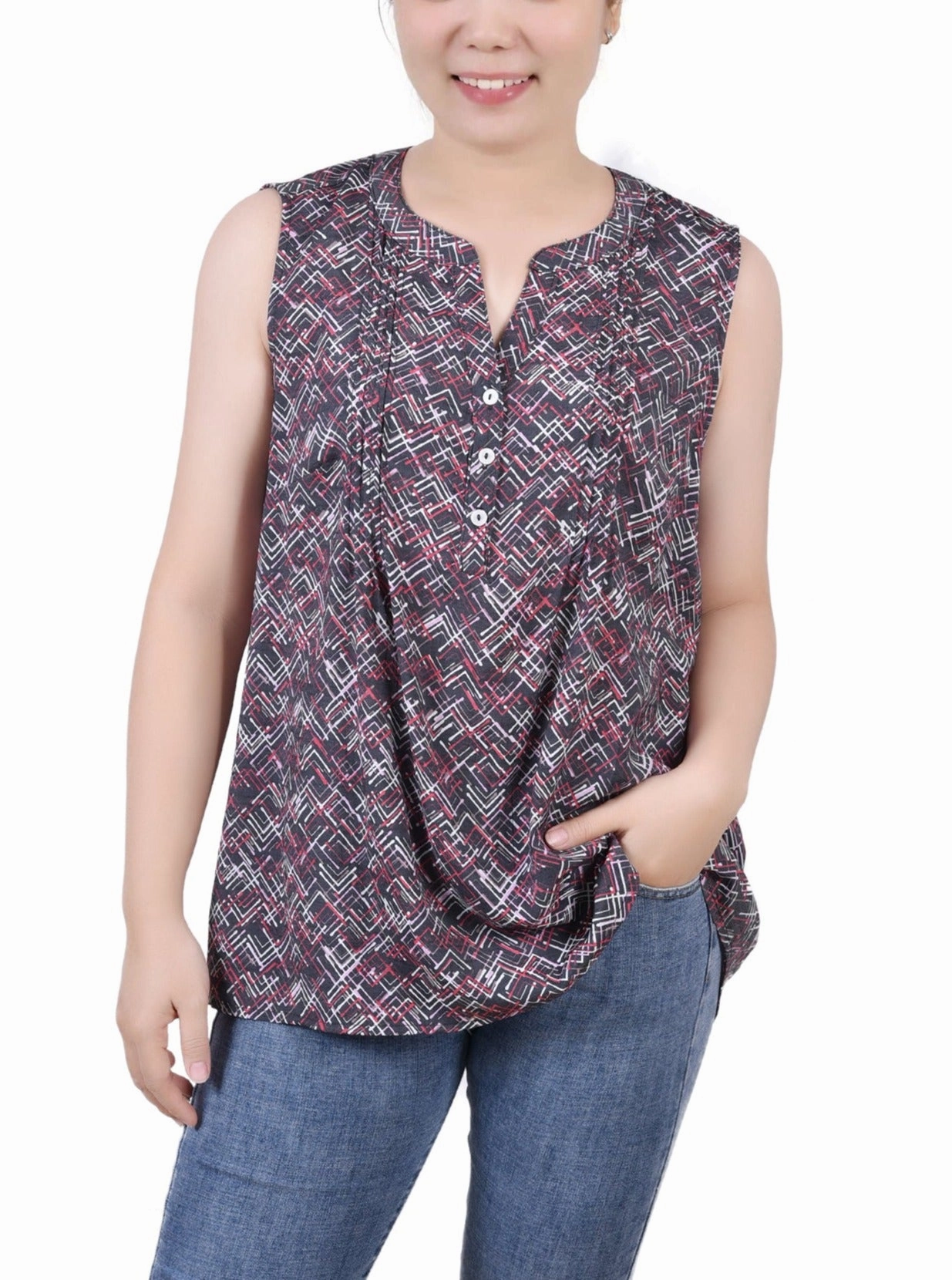 Petite Sleeveless Pintucked Blouse Classic Crew Neck