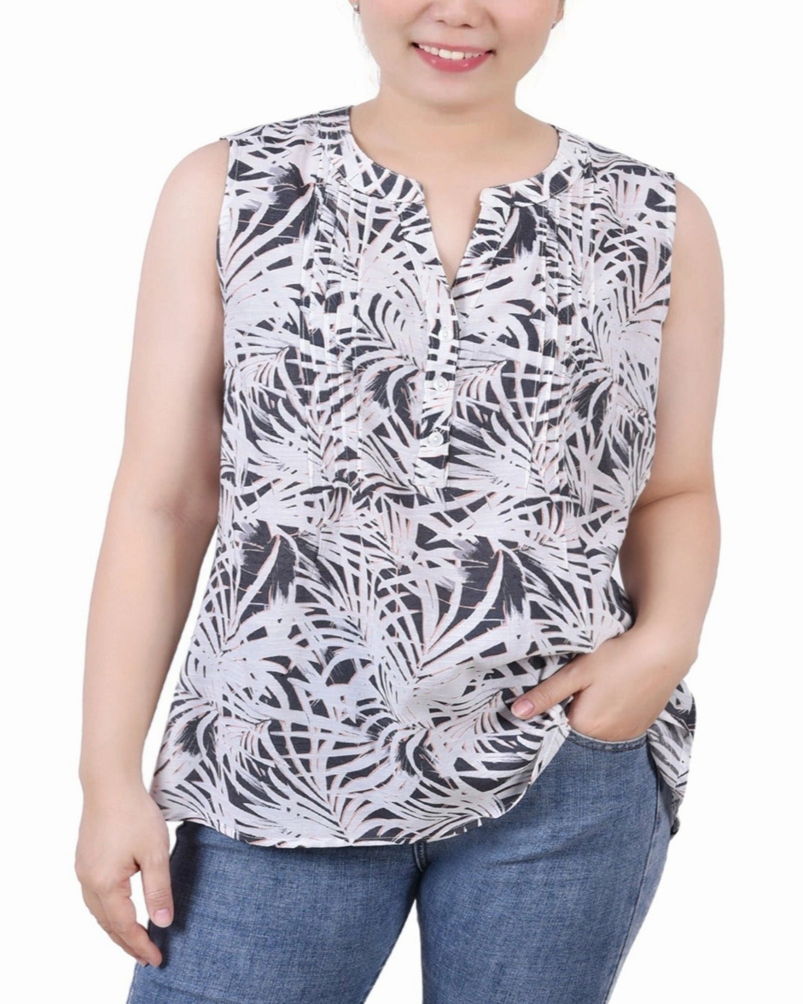 VentilatedMeshPaneling SolarReflectiveFinish Petite Sleeveless Pintucked Blouse