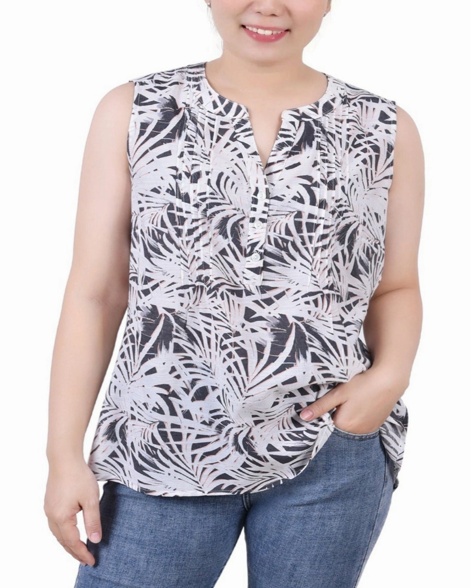 Versatile Layering Cut Thermal Regulating Design Petite Sleeveless Pintucked Blouse