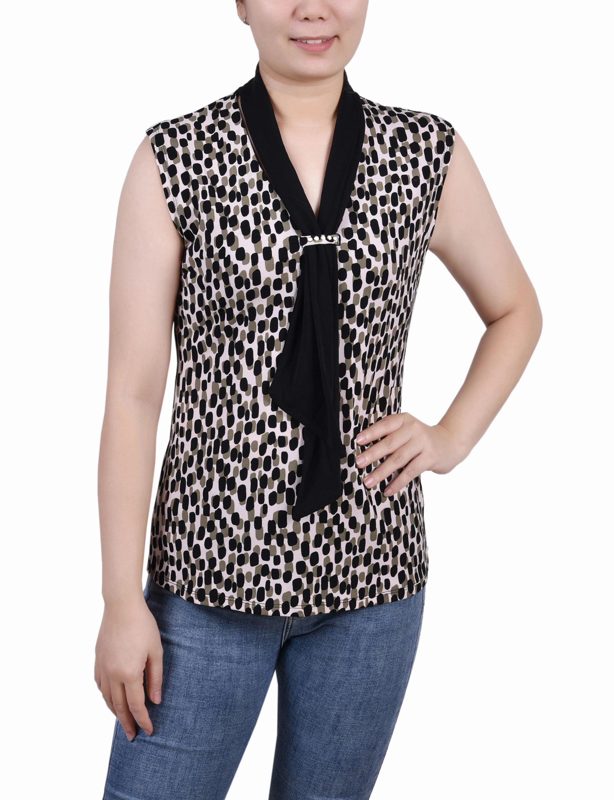 High Collar Design ElasticTrimming Petite Sleeveless Scarf Top