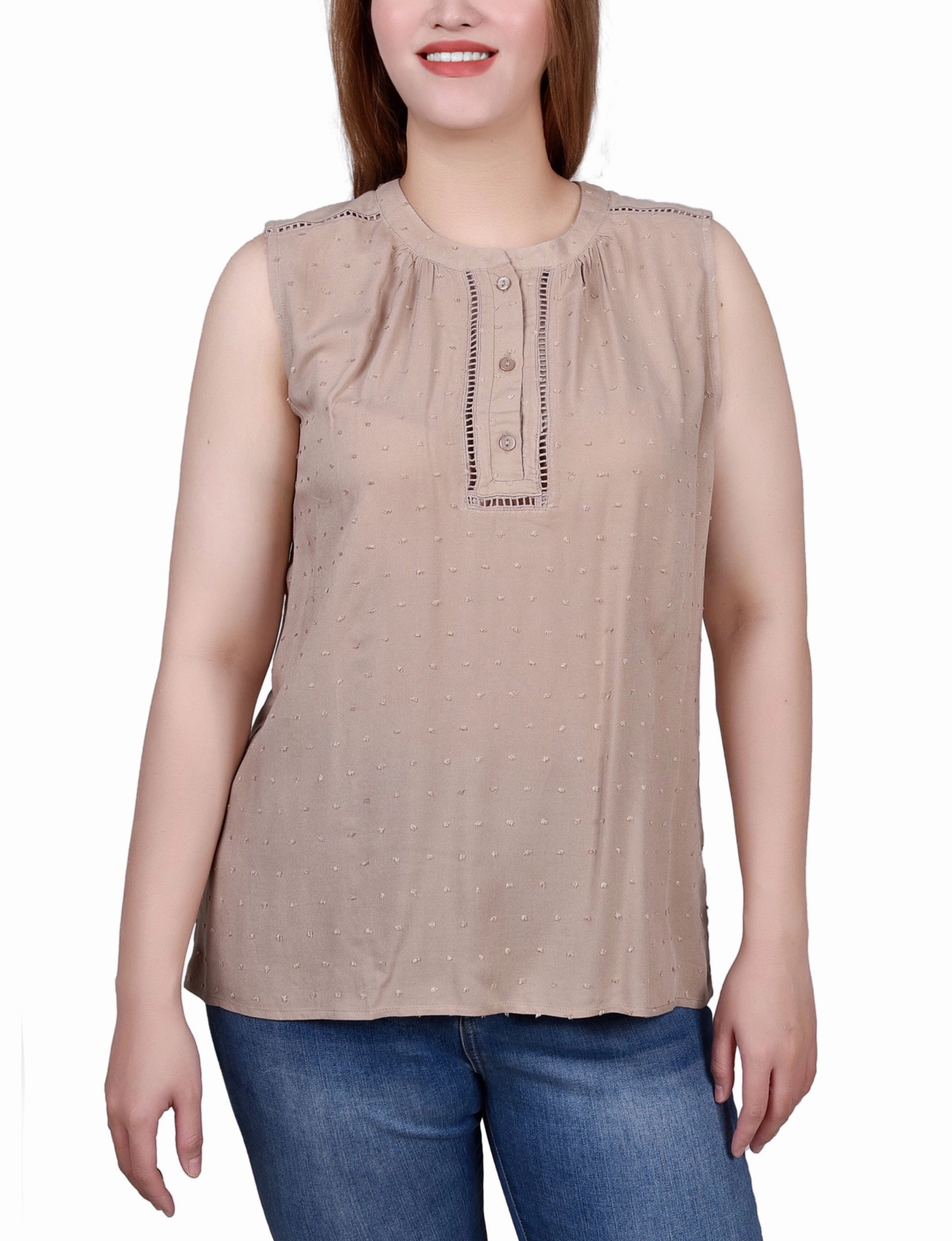 AllDayComfort Anti Static Cloth Blend Petite Sleeveless Swiss Dot Blouse