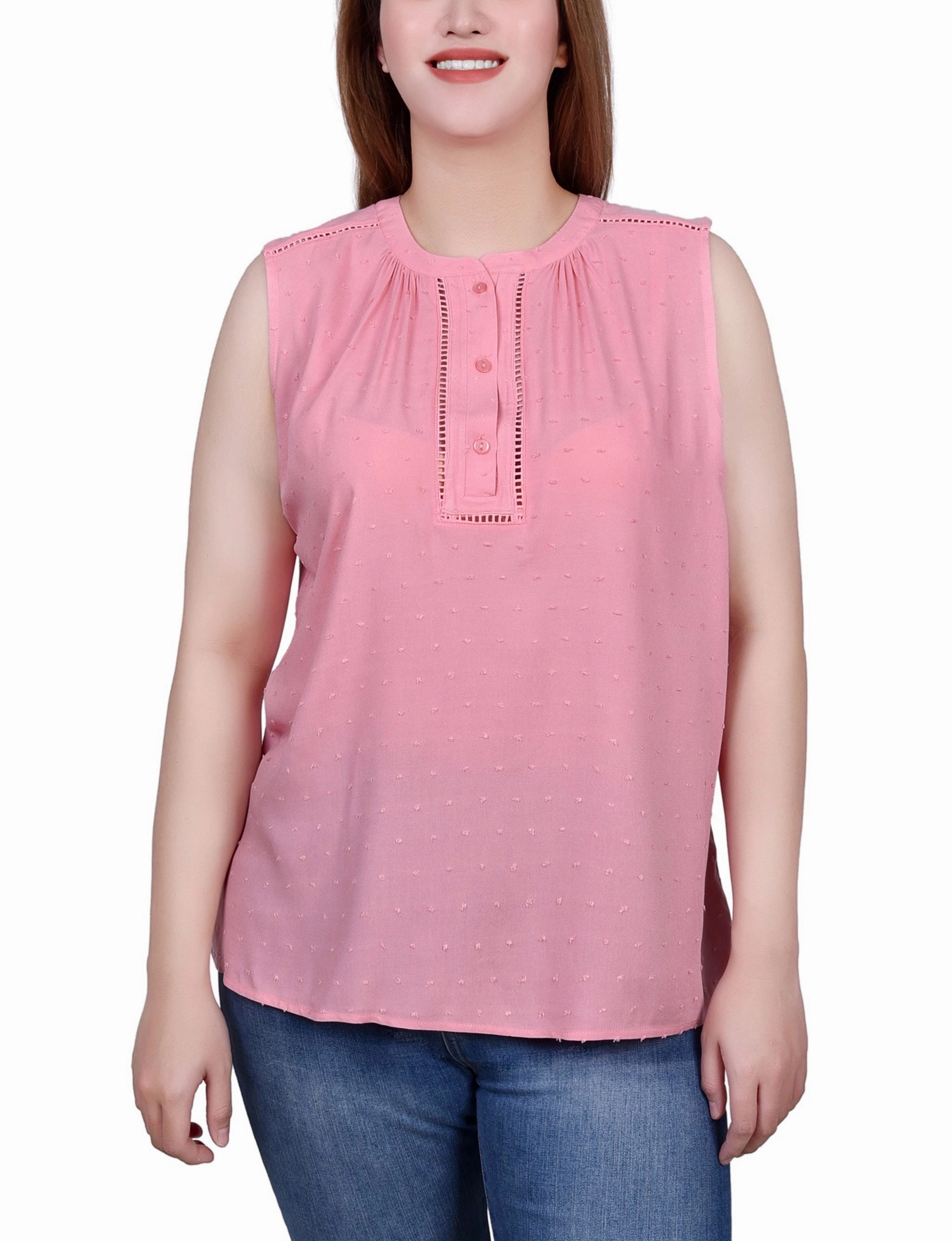 Anti Pilling Fabric BreathableMeshInsert Petite Sleeveless Swiss Dot Blouse