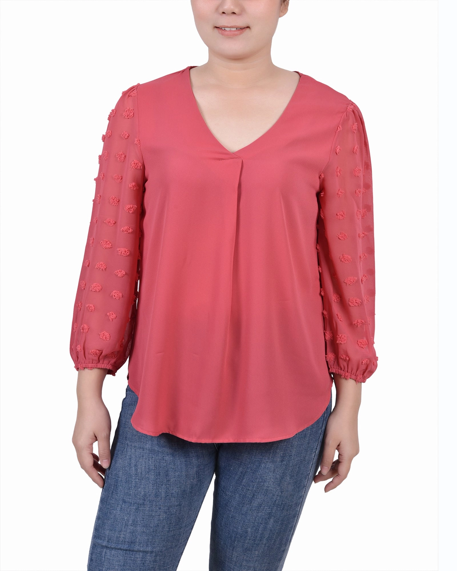 Petite V Neck Blouse With 3/4 Jacquard Chiffon Sleeves UV protection coating