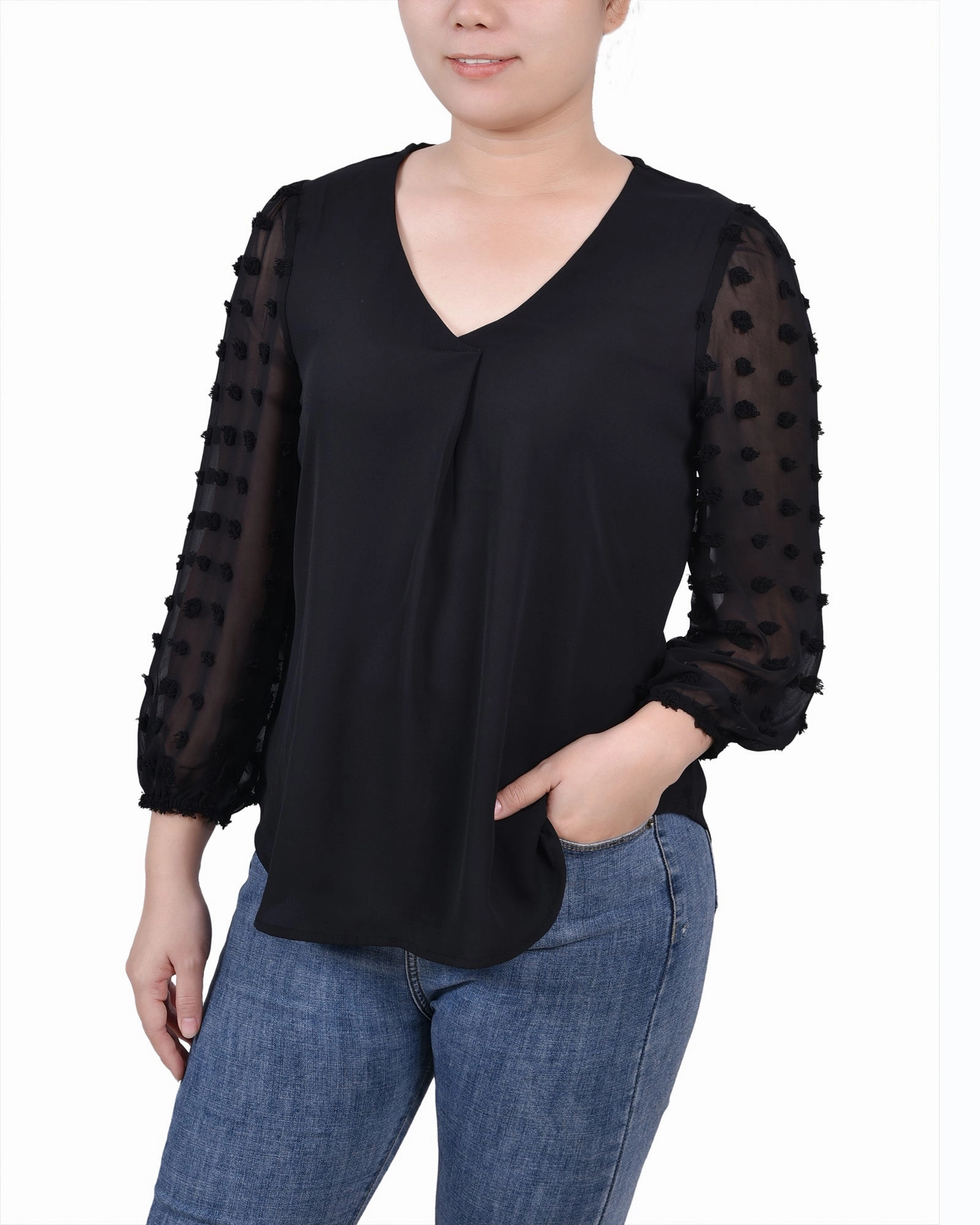 Petite V Neck Blouse With 3/4 Jacquard Chiffon Sleeves Sustainable Waterproofing Double Layered Hem