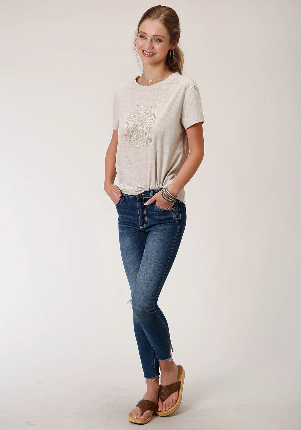 Roper Womens Heather Oatmeal Rayon Horseshoe S/S T-Shirt Weekend Style