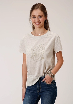Pullover Design decorative element Roper Womens Heather Oatmeal Rayon Horseshoe S/S T-Shirt