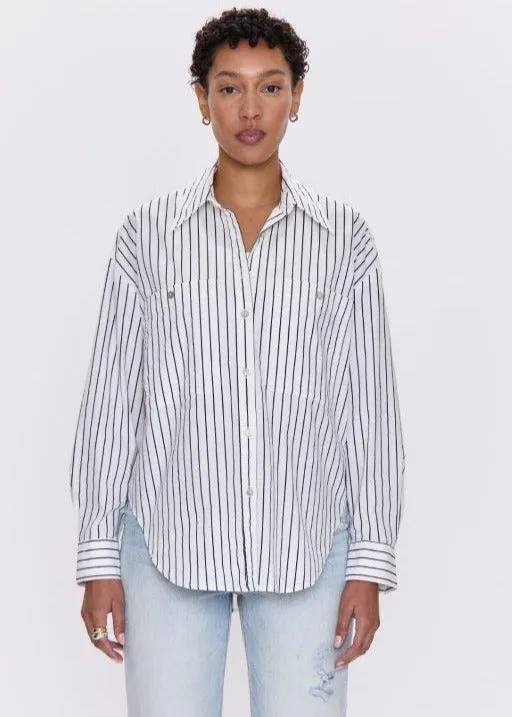 Pistola Samantha Oversized Button Up Shirt -Noir Le Blanc Stripe DoubleLayeredShoulders Stylish Dress