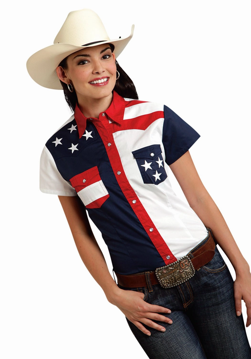 garden party Roper Americana Ladies Blue 100% Cotton Colorblock S/S Flag Western Shirt