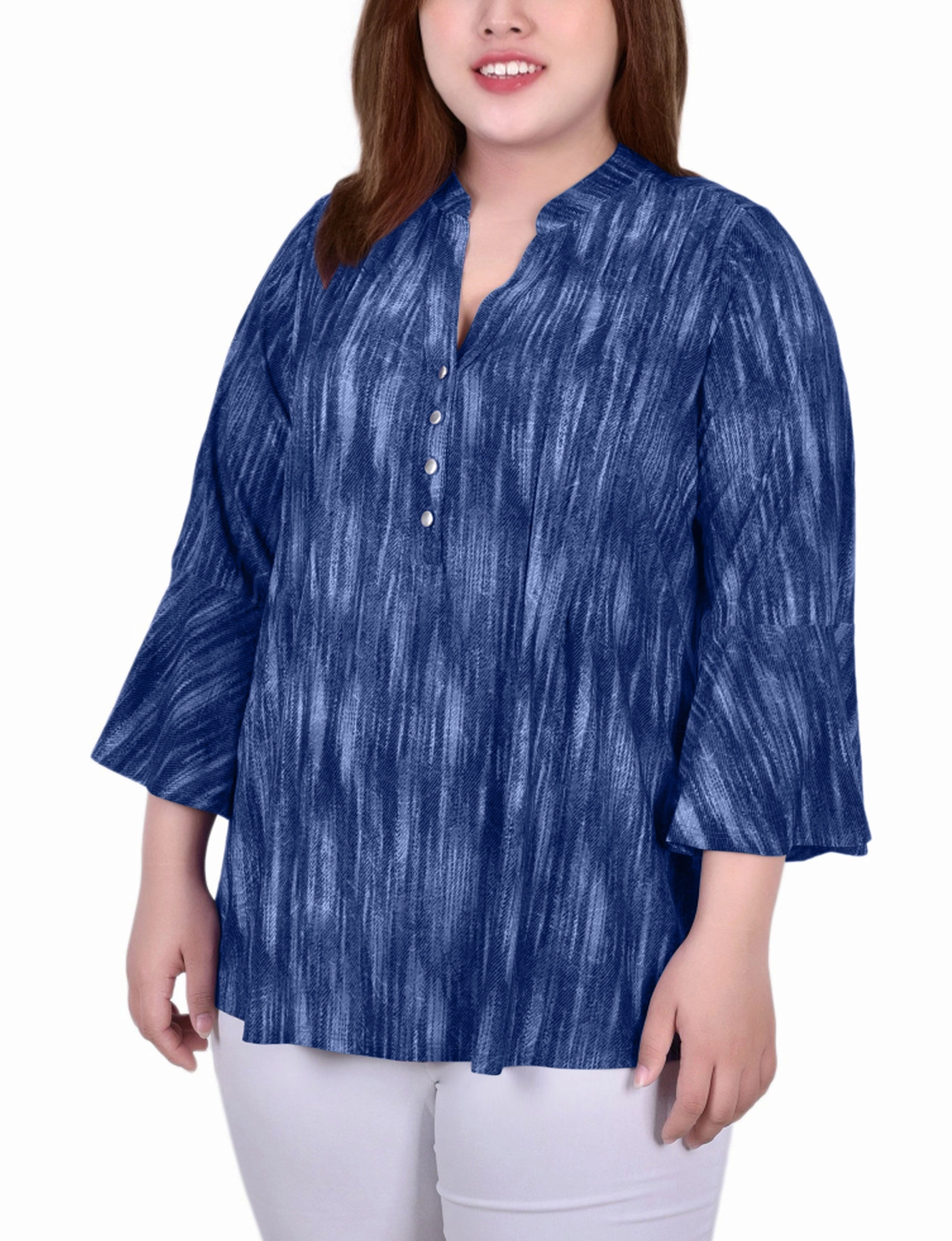 Plus Size 3/4 Bell Sleeve Pleat Front Y Neck Top DroppedShoulder