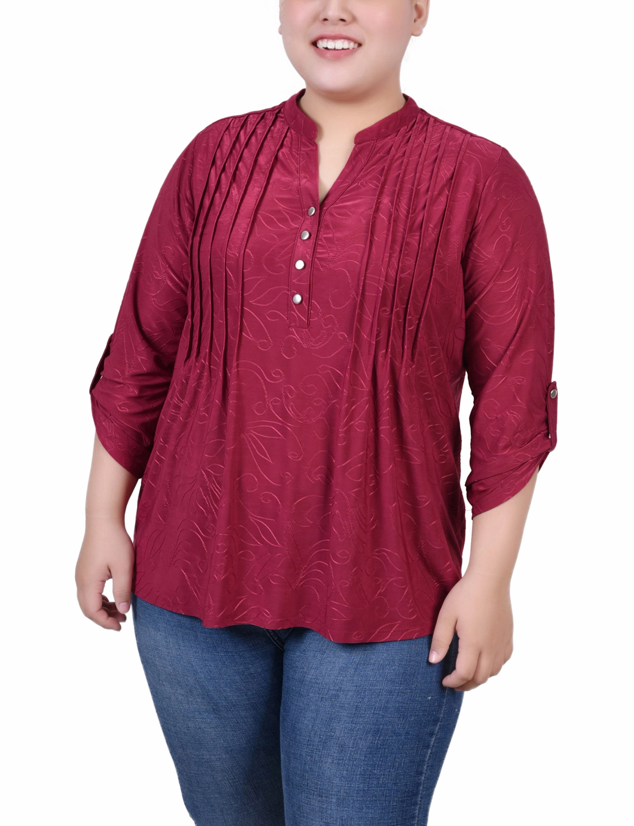 Microfiber Material Trendy Shirt Plus Size 3/4 Roll Tab Pullover Top