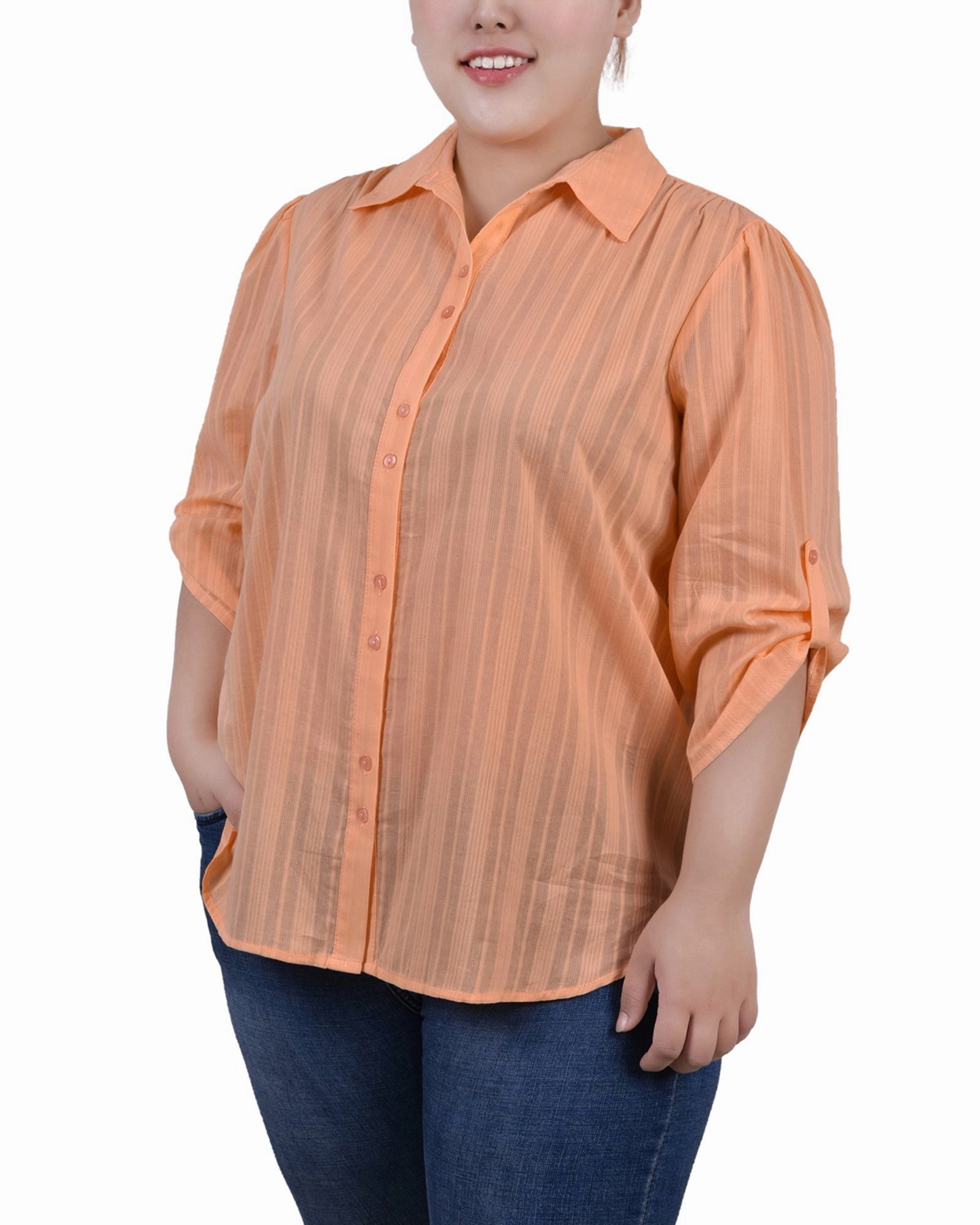 Plus Size 3/4 Roll Tab Sleeve Cotton Blouse Tension Balanced Design