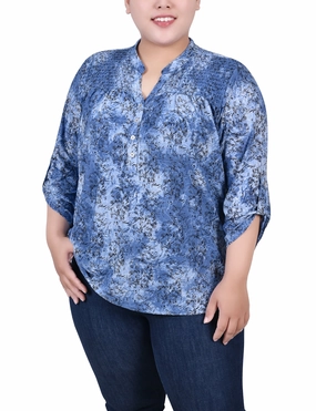 MinimalistCut Plus Size 3/4 Roll Tab Sleeve Smocked-Yoke Top