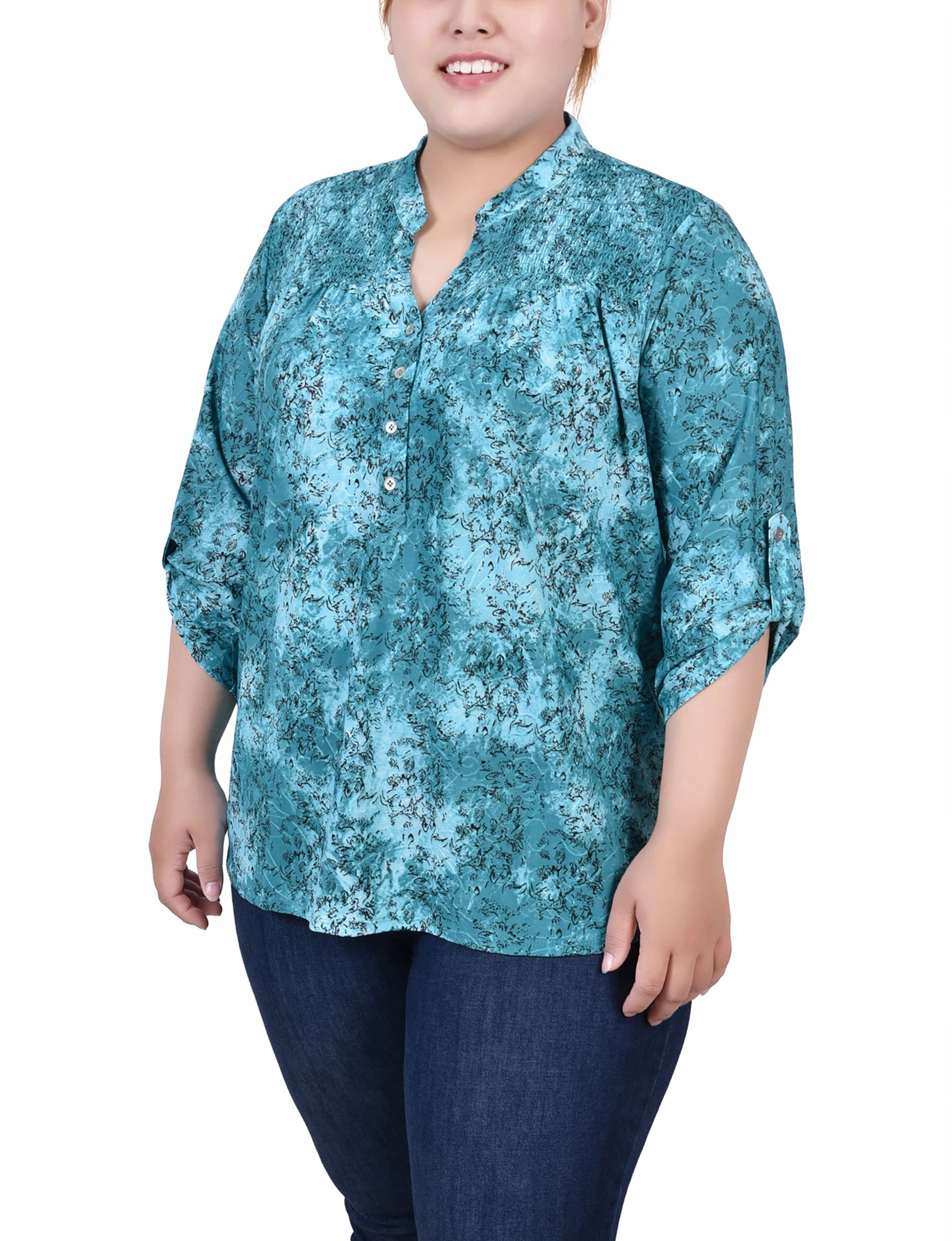Plus Size 3/4 Roll Tab Sleeve Smocked-Yoke Top FlexibleLayeredConstruction AdjustableCuffSystem