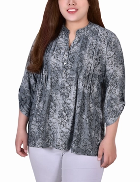 Plus Size 3/4 Roll Tab Sleeve Y Neck Top DoubleStitchedSeams BreathableFabricTech