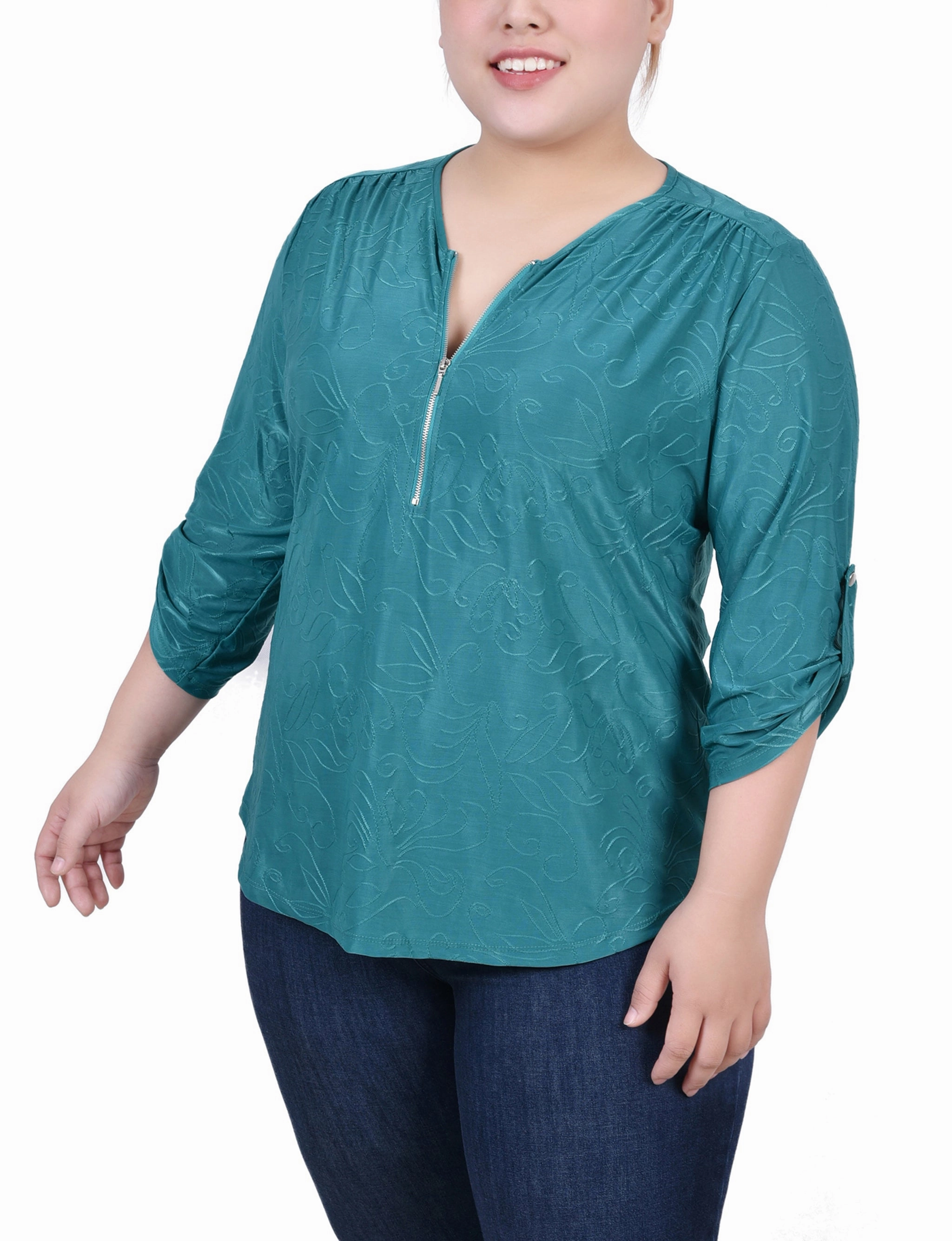 Plus Size 3/4 Roll Tab Zip Front Jacquard Knit Top Soft Touch Fabric AllPurpose Design