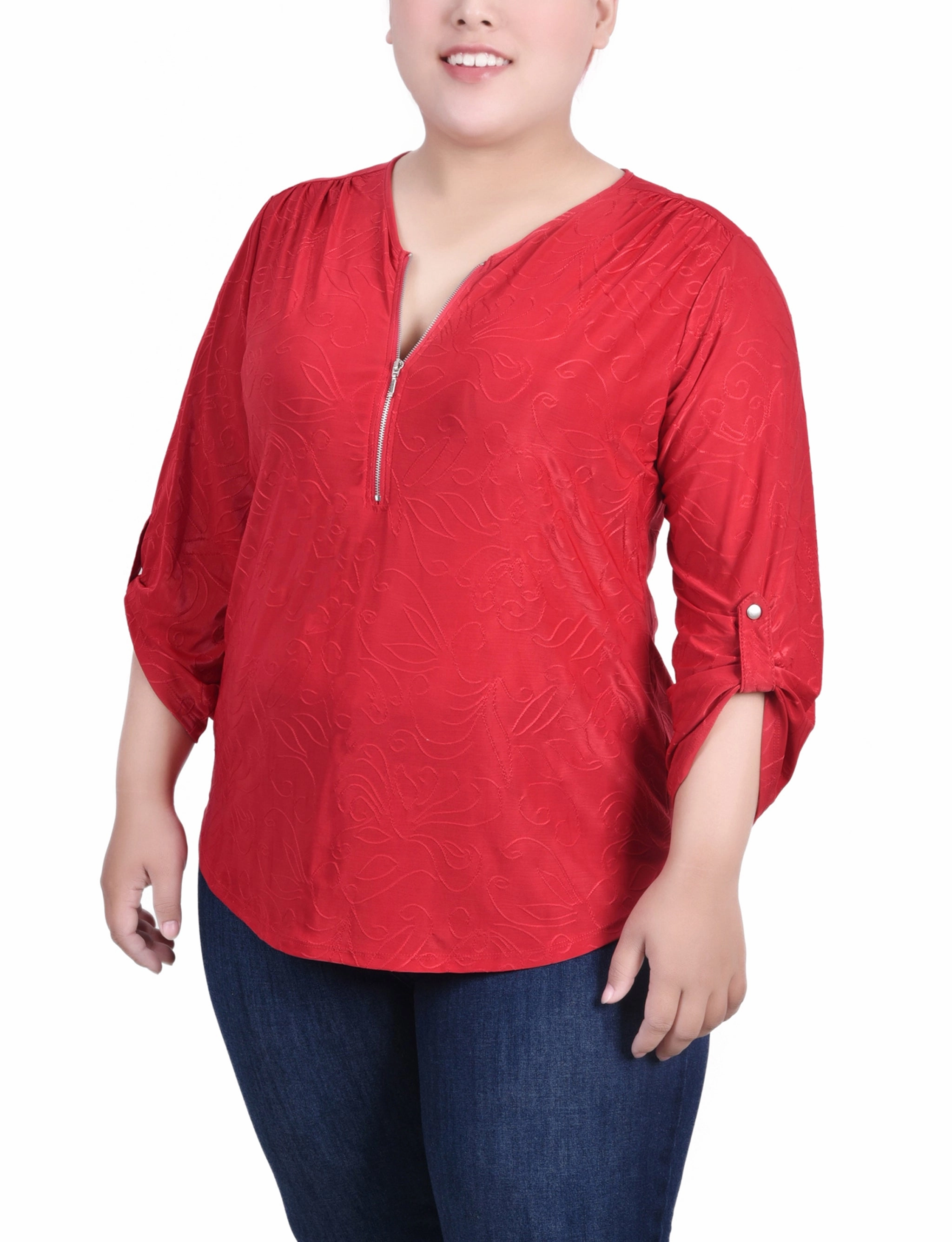 DoubleStitched Construction Plus Size 3/4 Roll Tab Zip Front Jacquard Knit Top