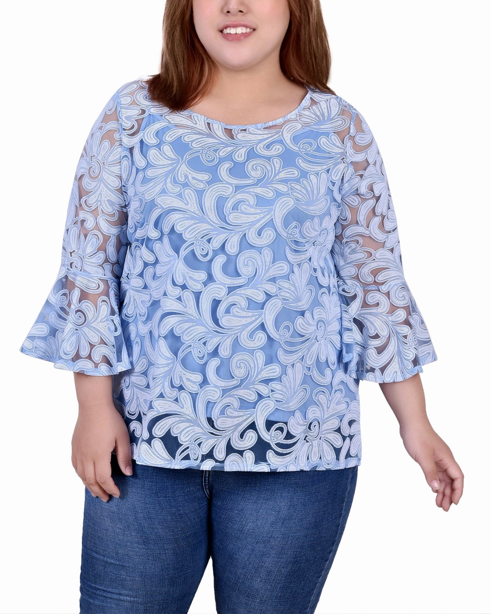 RelaxedFit Plus Size 3/4 Sleeve Burnout Blouse With Matching Camisole