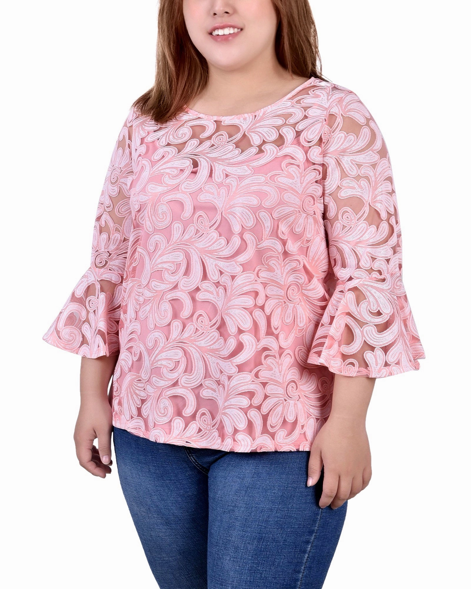 Plus Size 3/4 Sleeve Burnout Blouse With Matching Camisole UPFProtection