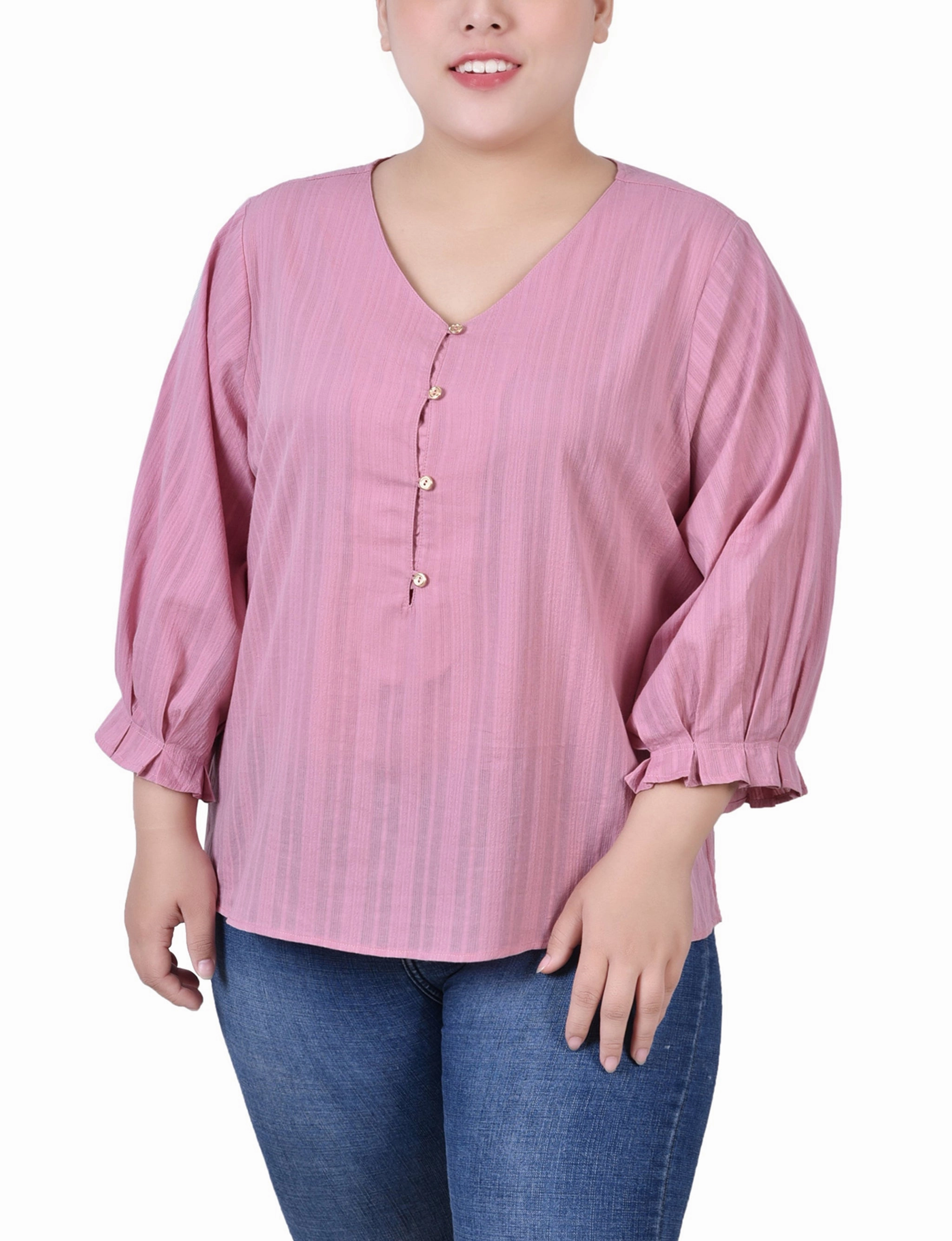 Fitted Shirt Plus Size 3/4 Sleeve Button Placket Jacquard Blouse