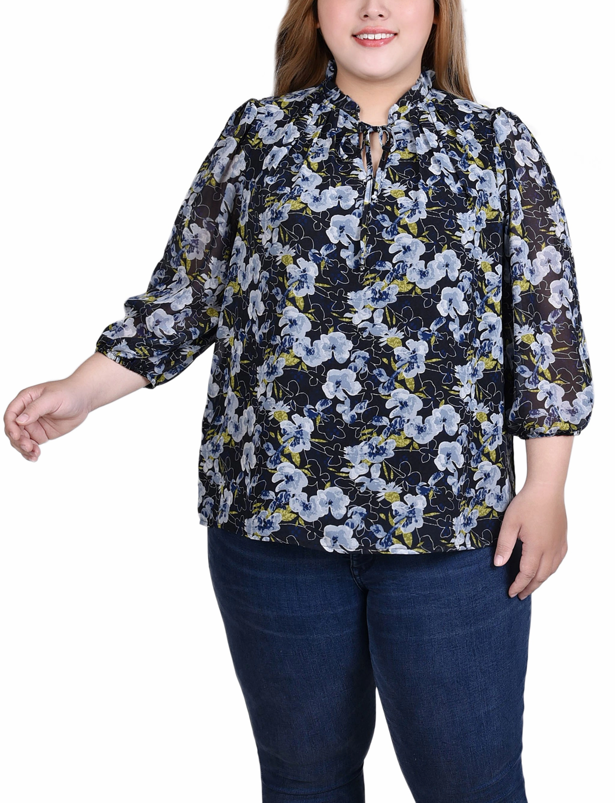 Plus Size 3/4 Sleeve Chiffon Blouse Layered Look