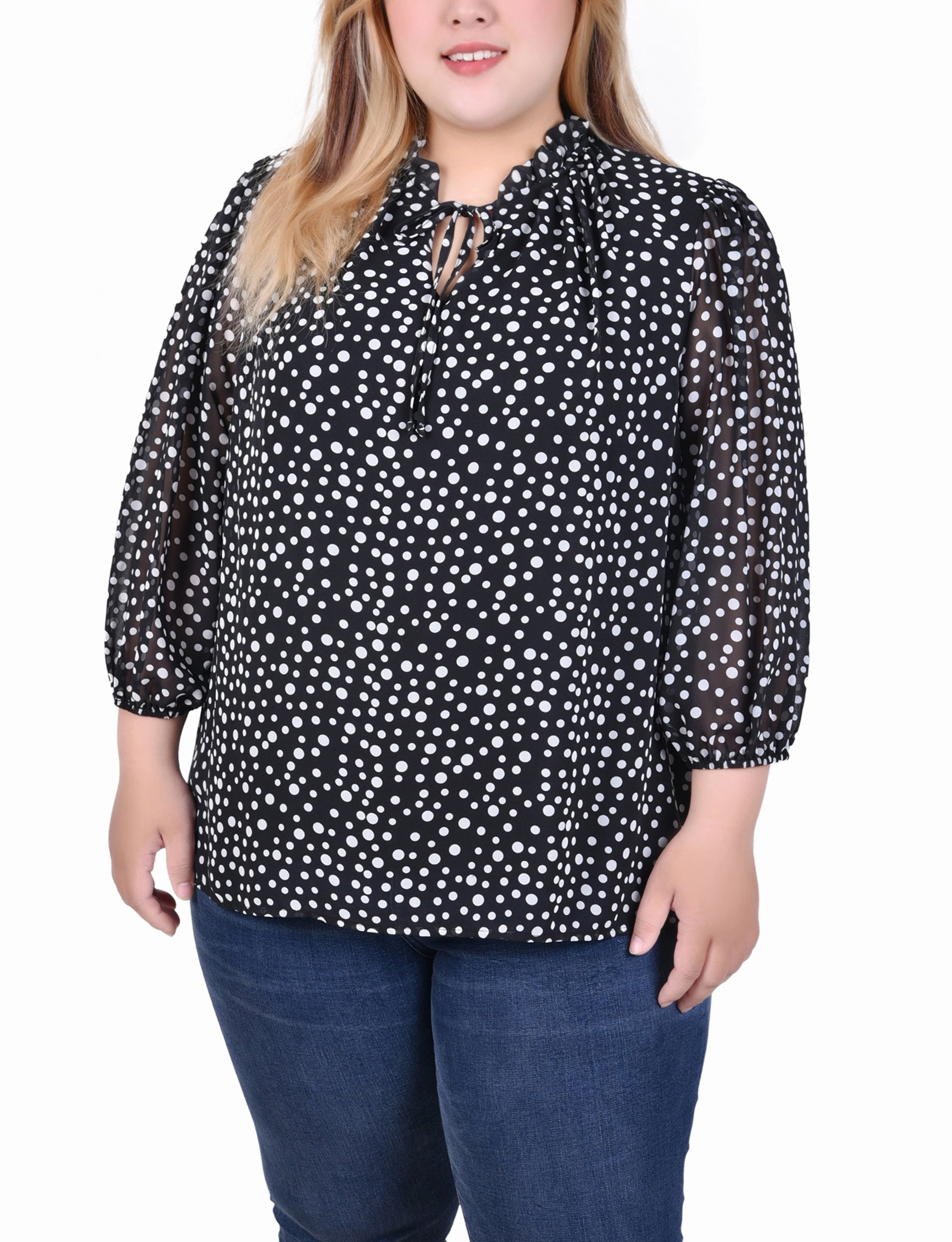Plus Size 3/4 Sleeve Chiffon Blouse Classic Crew Neck