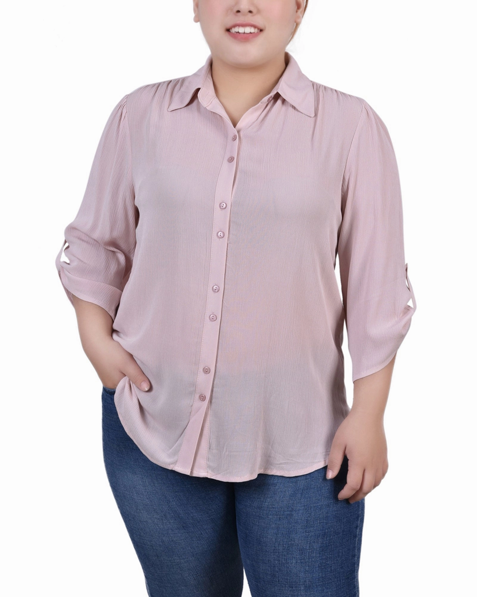 Stretchable Neckline Plus Size 3/4 Sleeve Crepon Blouse