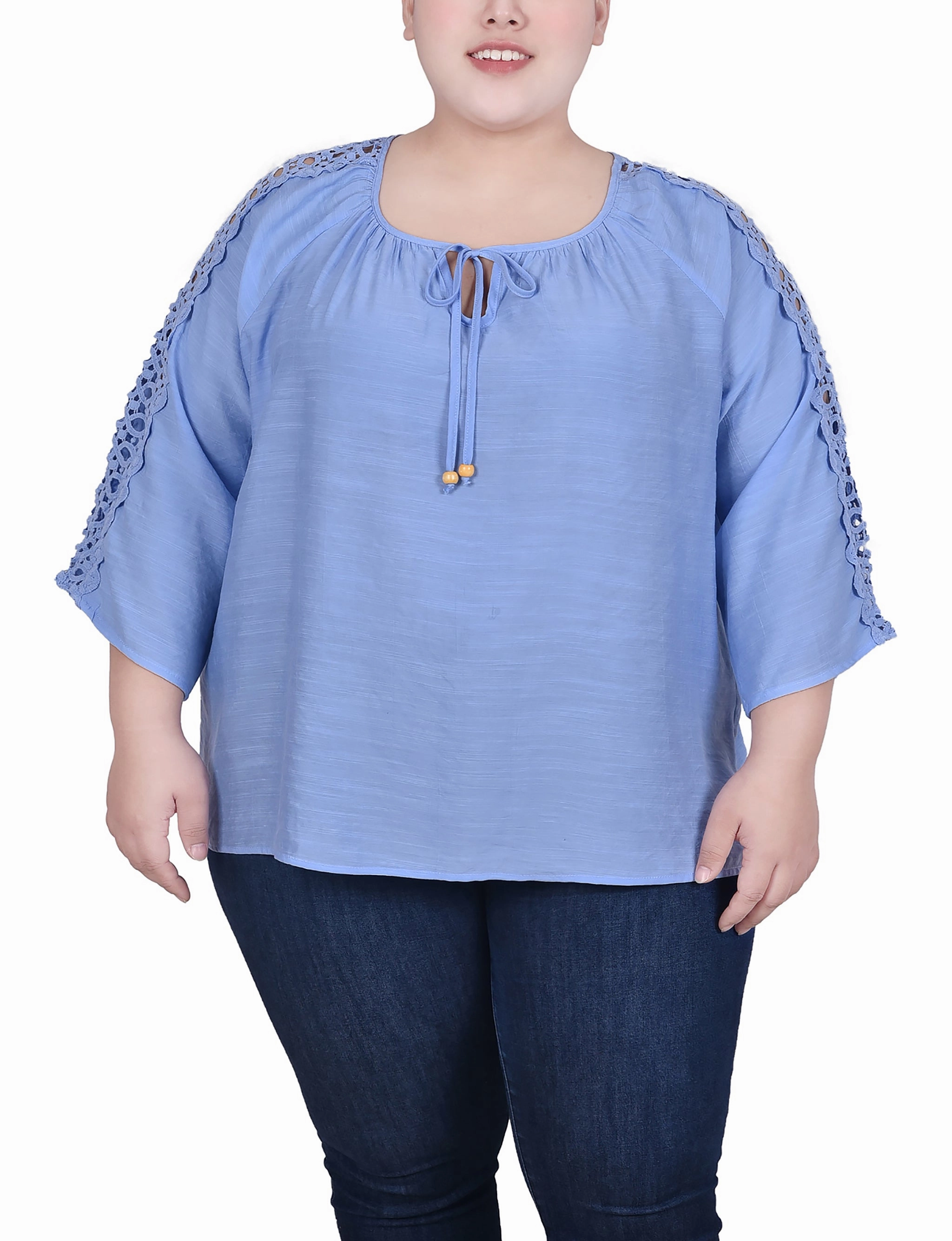 DurableWeave Plus Size 3/4 Sleeve Crochet Detail Blouse
