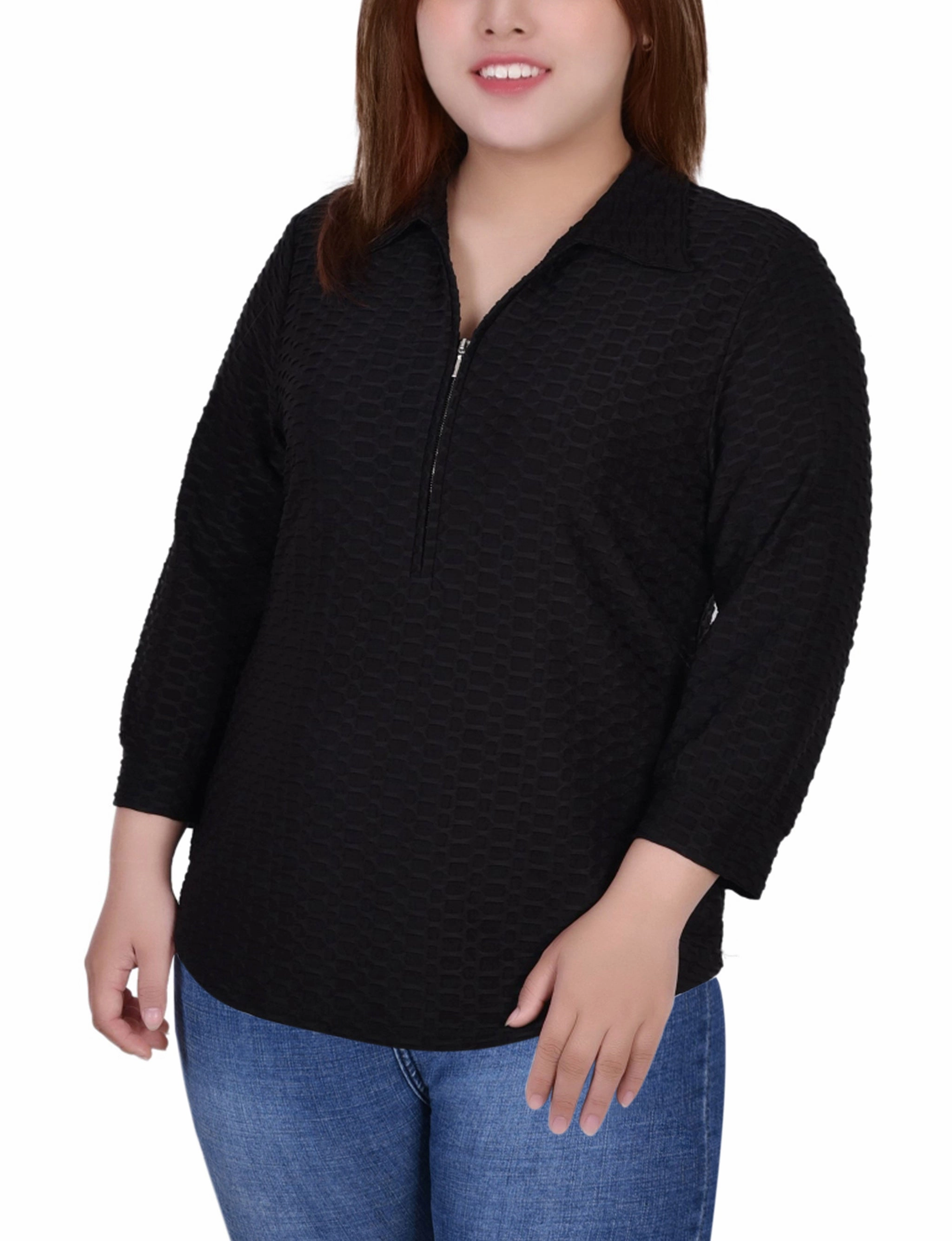 Plus Size 3/4 Sleeve Honeycomb Half Zip Collared Top ReflectiveDetails