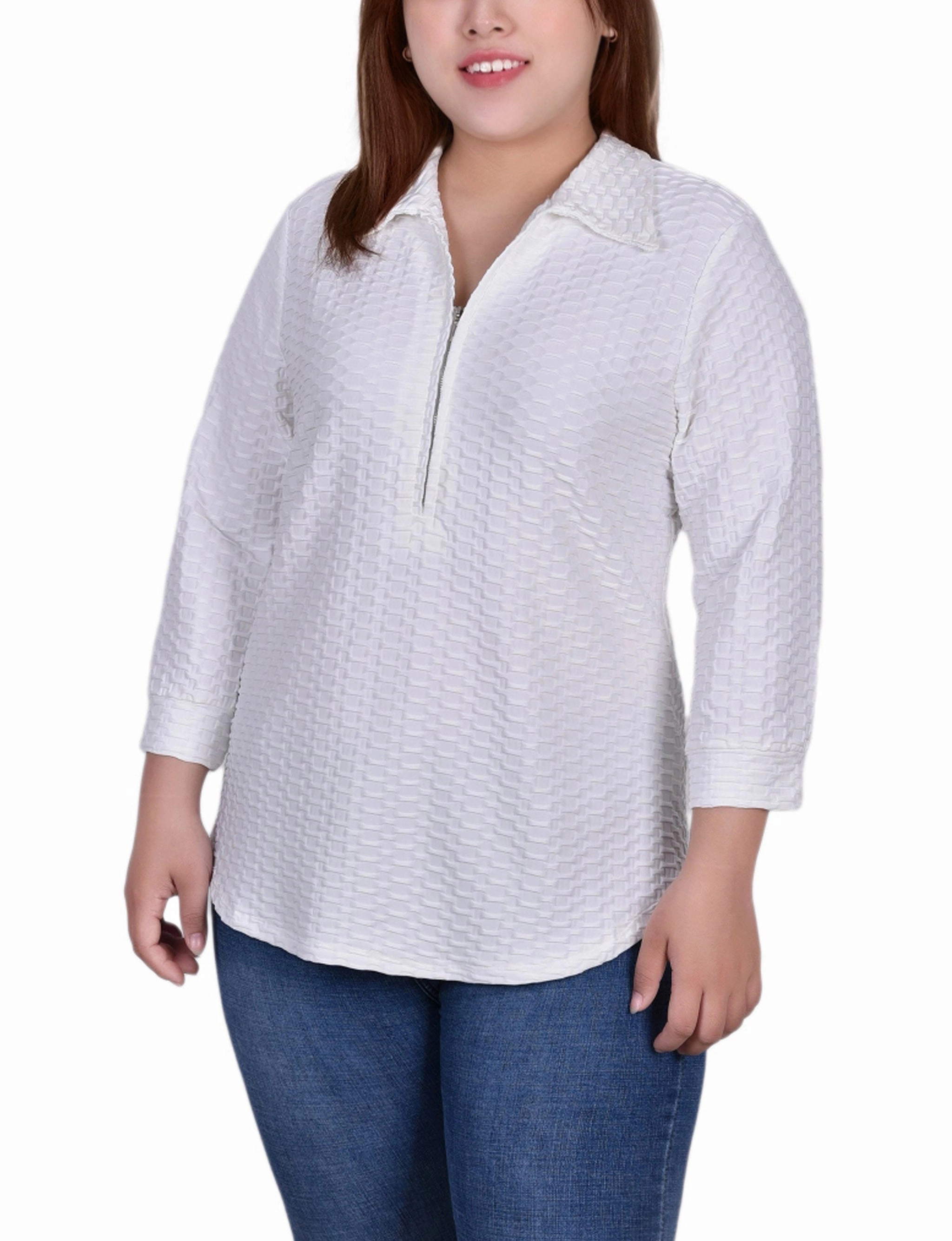 Plus Size 3/4 Sleeve Honeycomb Half Zip Collared Top QuickDrying