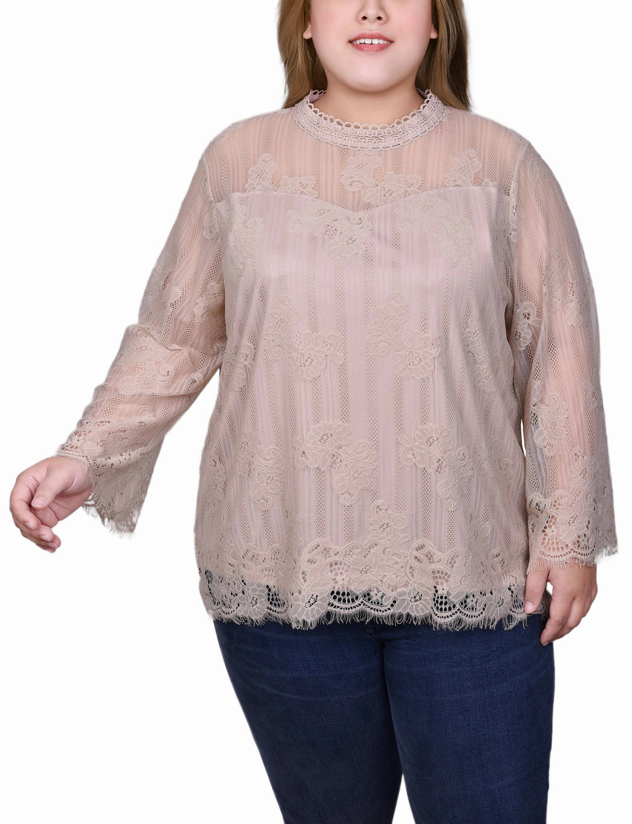 Plus Size 3/4 Sleeve Lace Blouse Convertible Design
