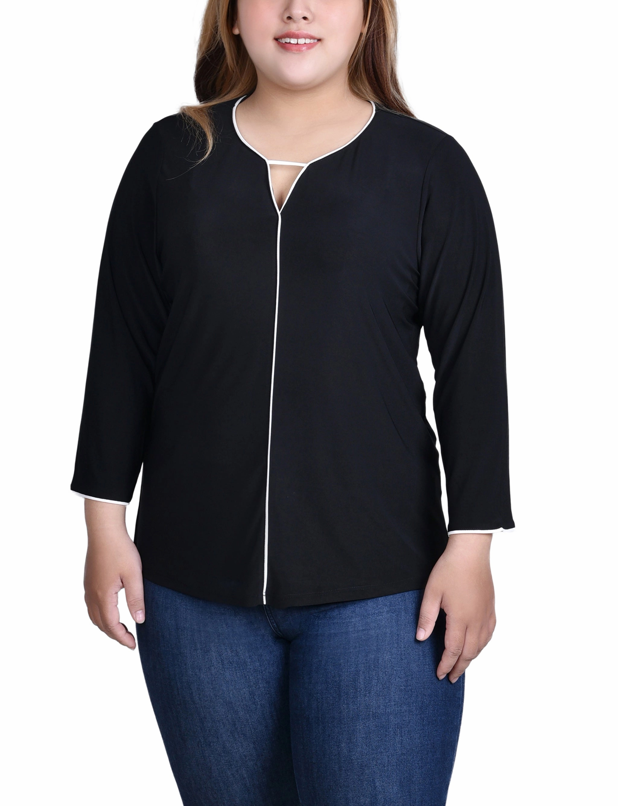 Plus Size 3/4 Sleeve Piped Top VersatileLayering Hygroscopic Inner Layer
