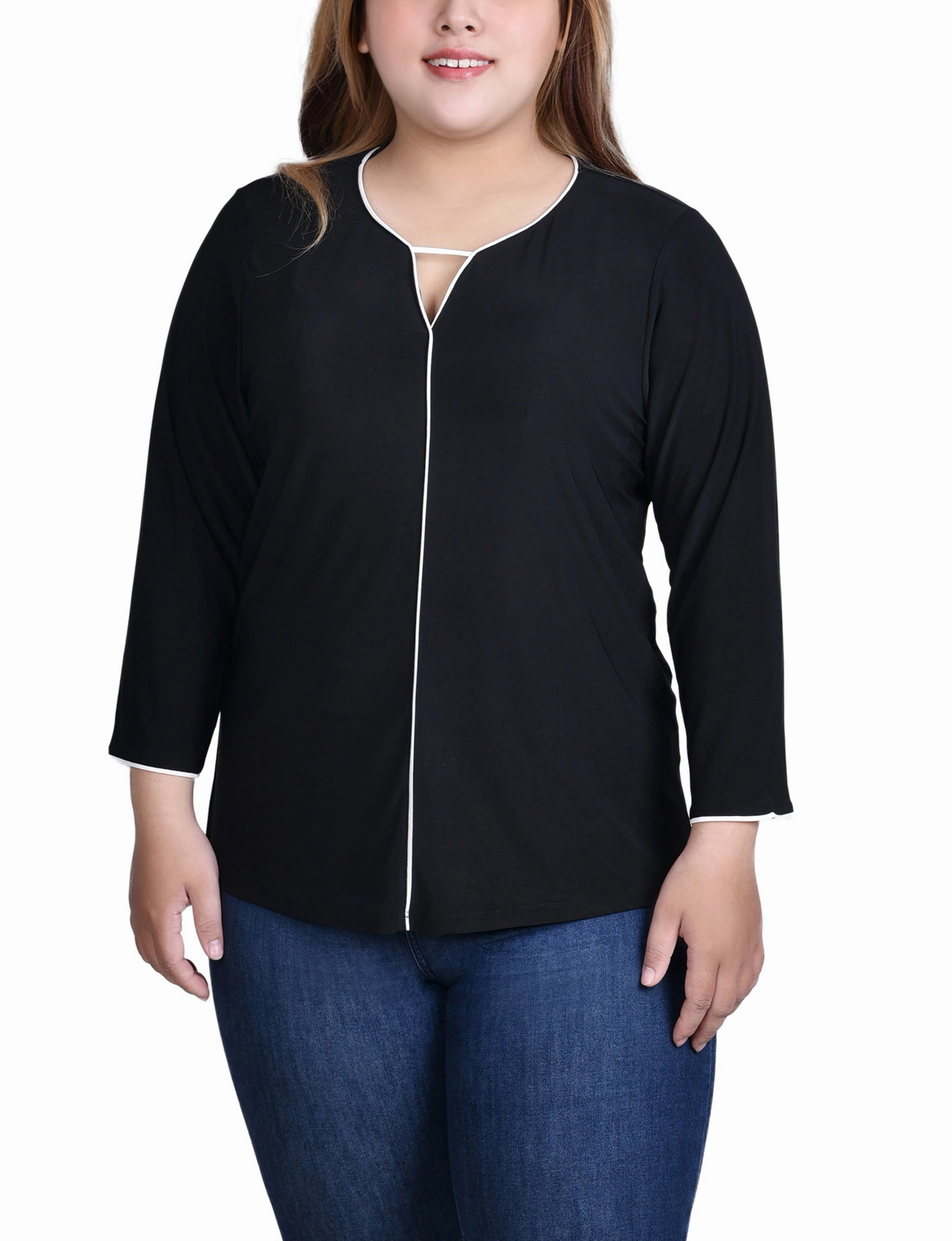 Button Down Collar ErgonomicShape Plus Size 3/4 Sleeve Piped Top