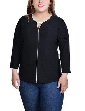 TexturedSurface Plus Size 3/4 Sleeve Piped Top