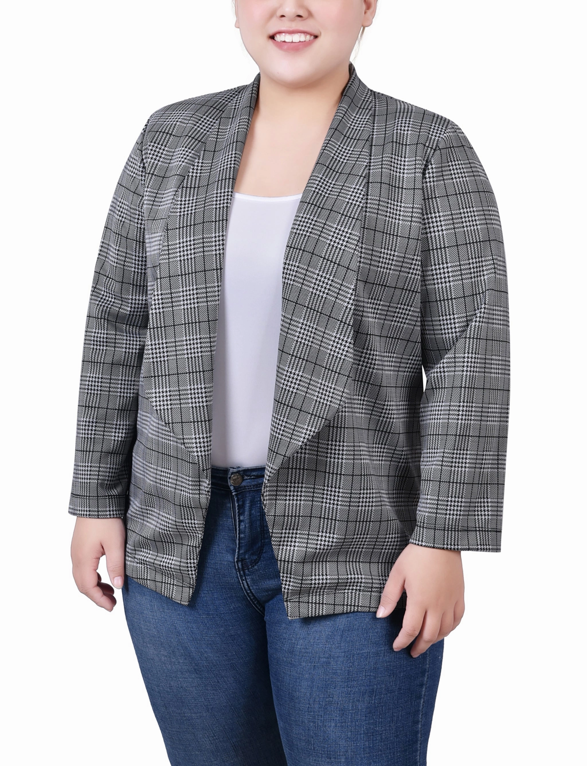Plus Size 3/4 Sleeve Ponte Jacket YarnBlend NonRestrictiveCollar