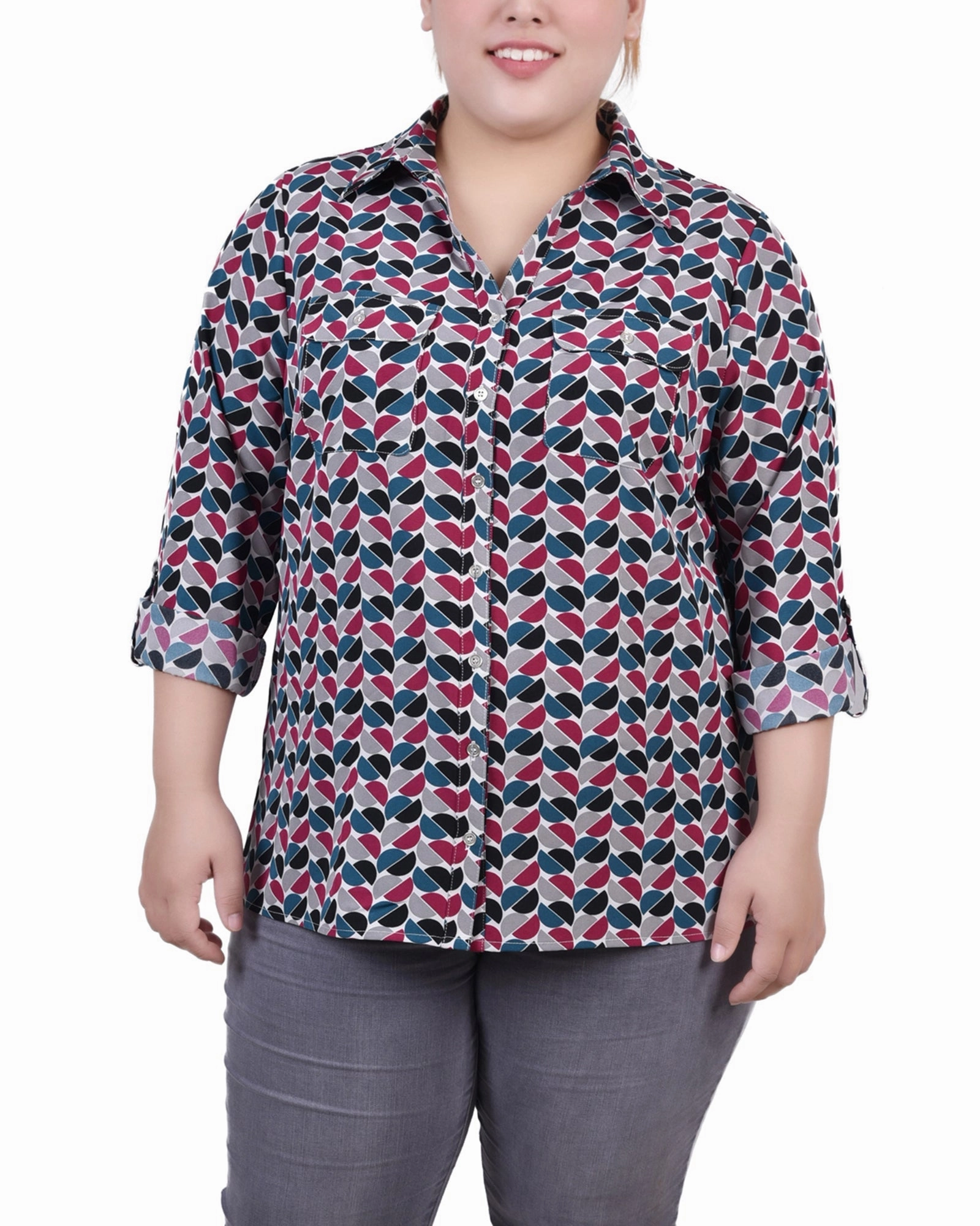 FadeResistant Treatment Bound Edges Plus Size 3/4 Sleeve Roll Tab Notch Collar Blouse