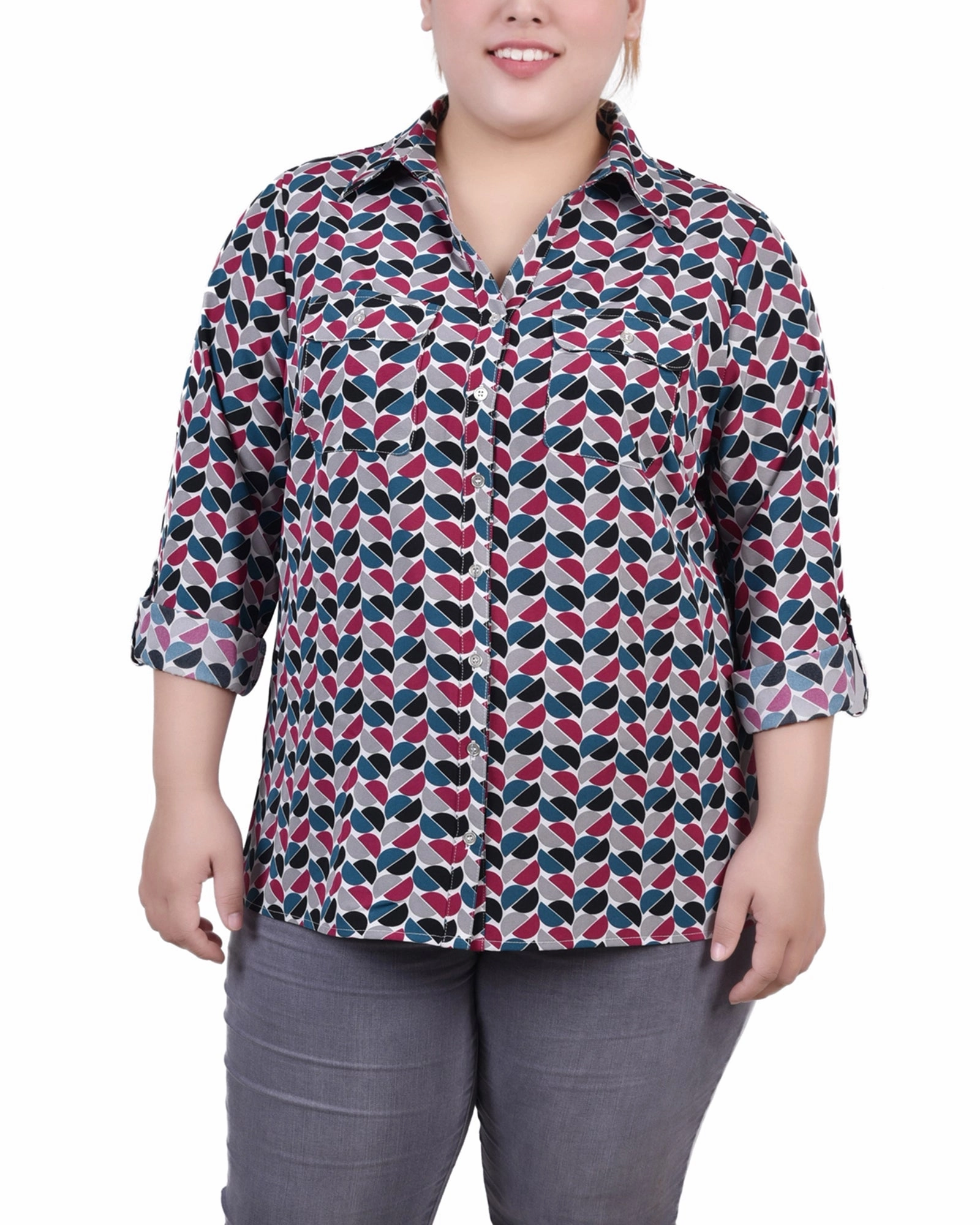 TumbleDryFriendlyMaterial Non Slip Shoulder Seams Plus Size 3/4 Sleeve Roll Tab Notch Collar Blouse