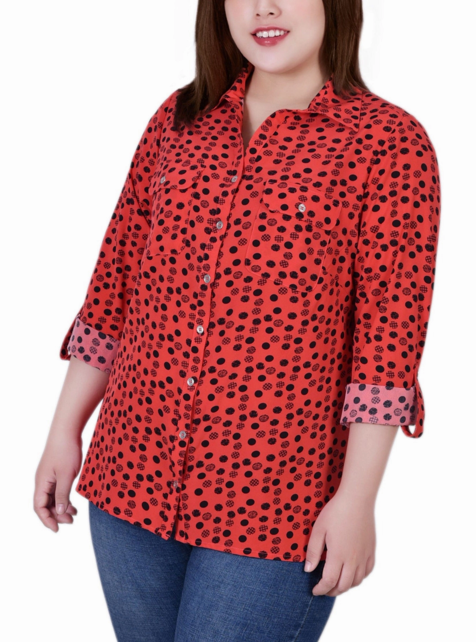 Plus Size 3/4 Sleeve Roll Tab Notch Collar Blouse Trendy Shirt