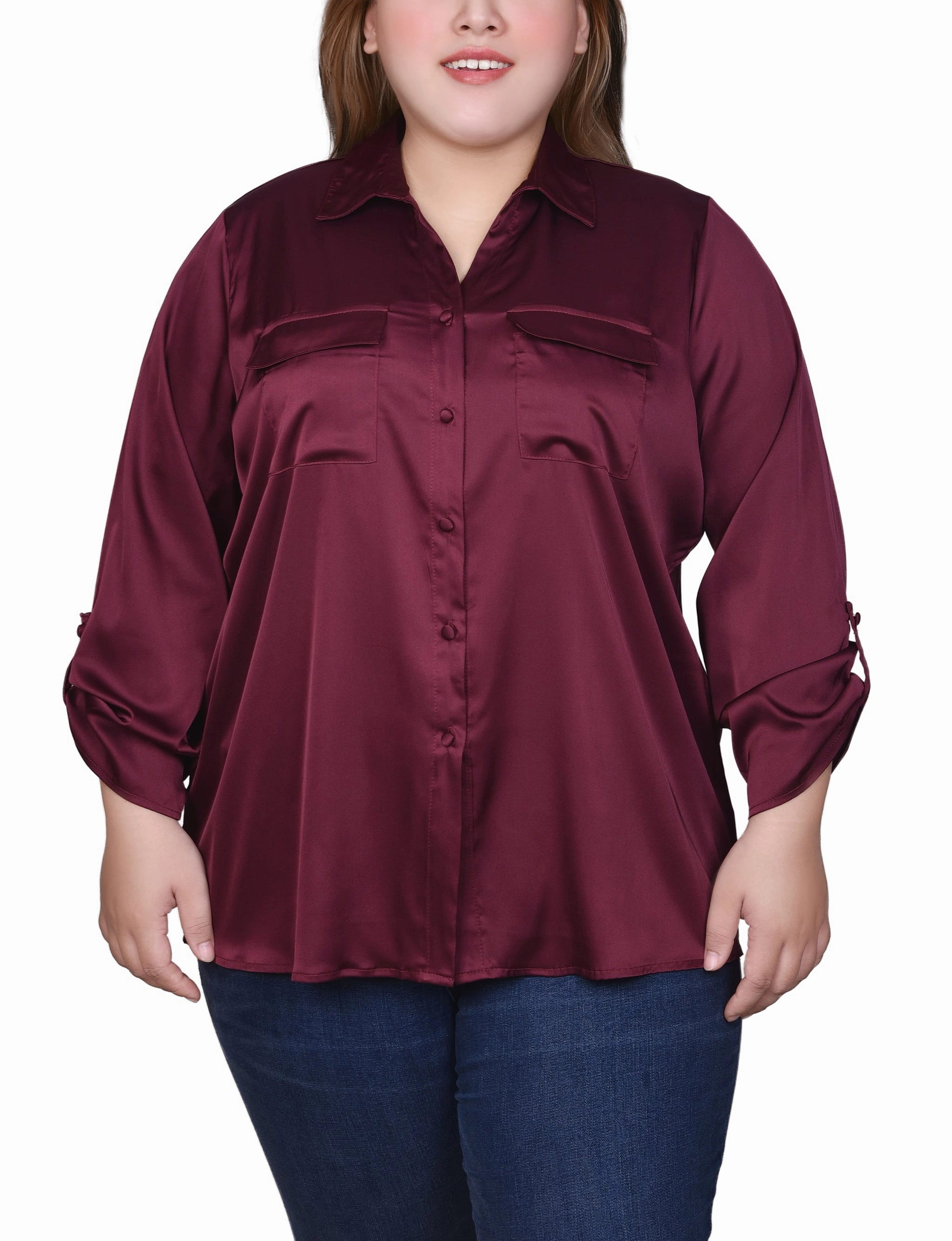 Plus Size 3/4 Sleeve Roll Tab Satin Blouse All Weather Performance Fabric