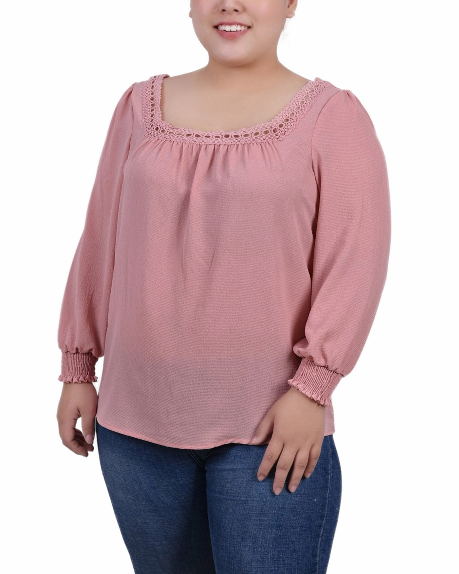 UV Protection Enhanced Plus Size 3/4 Sleeve Square Neck Blouse