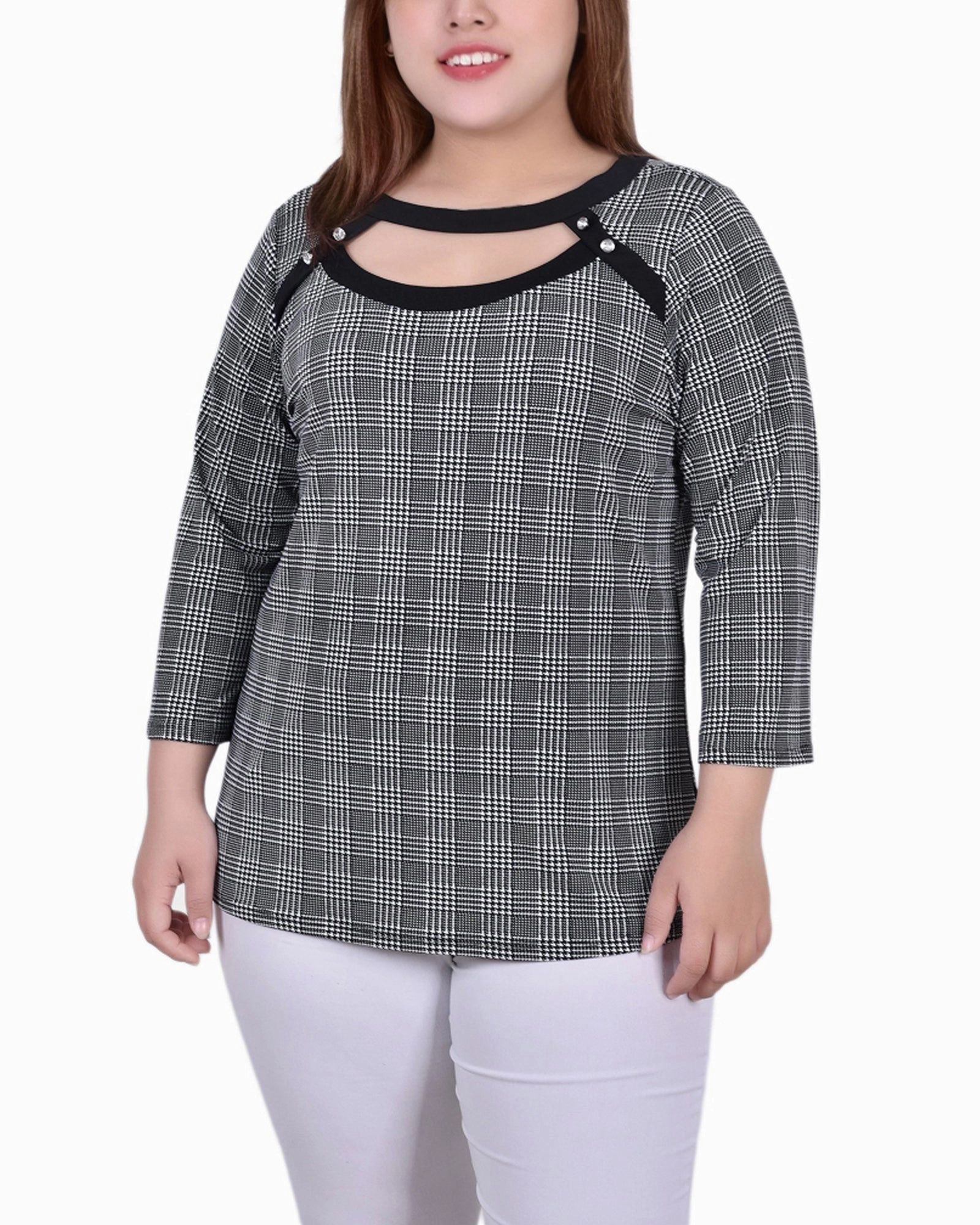 Plus Size 3/4 Sleeve Top With Combo Bands And Front Cutout QuickDrying ButtonlessClosure