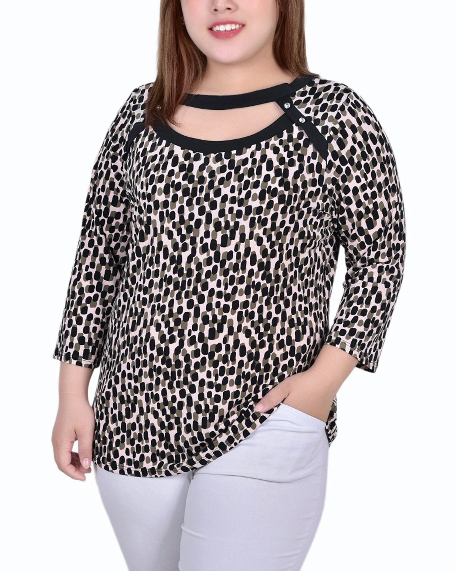 BondedSeamTechnology Plus Size 3/4 Sleeve Top With Combo Bands And Front Cutout