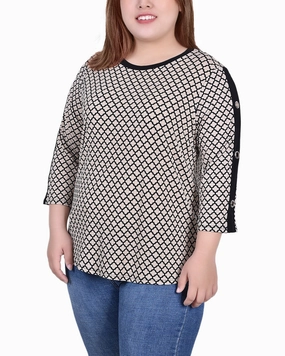 Plus Size 3/4 Sleeve Top With Combo Bands and Grommets Brushed Microfiber Surface RibbedCollar