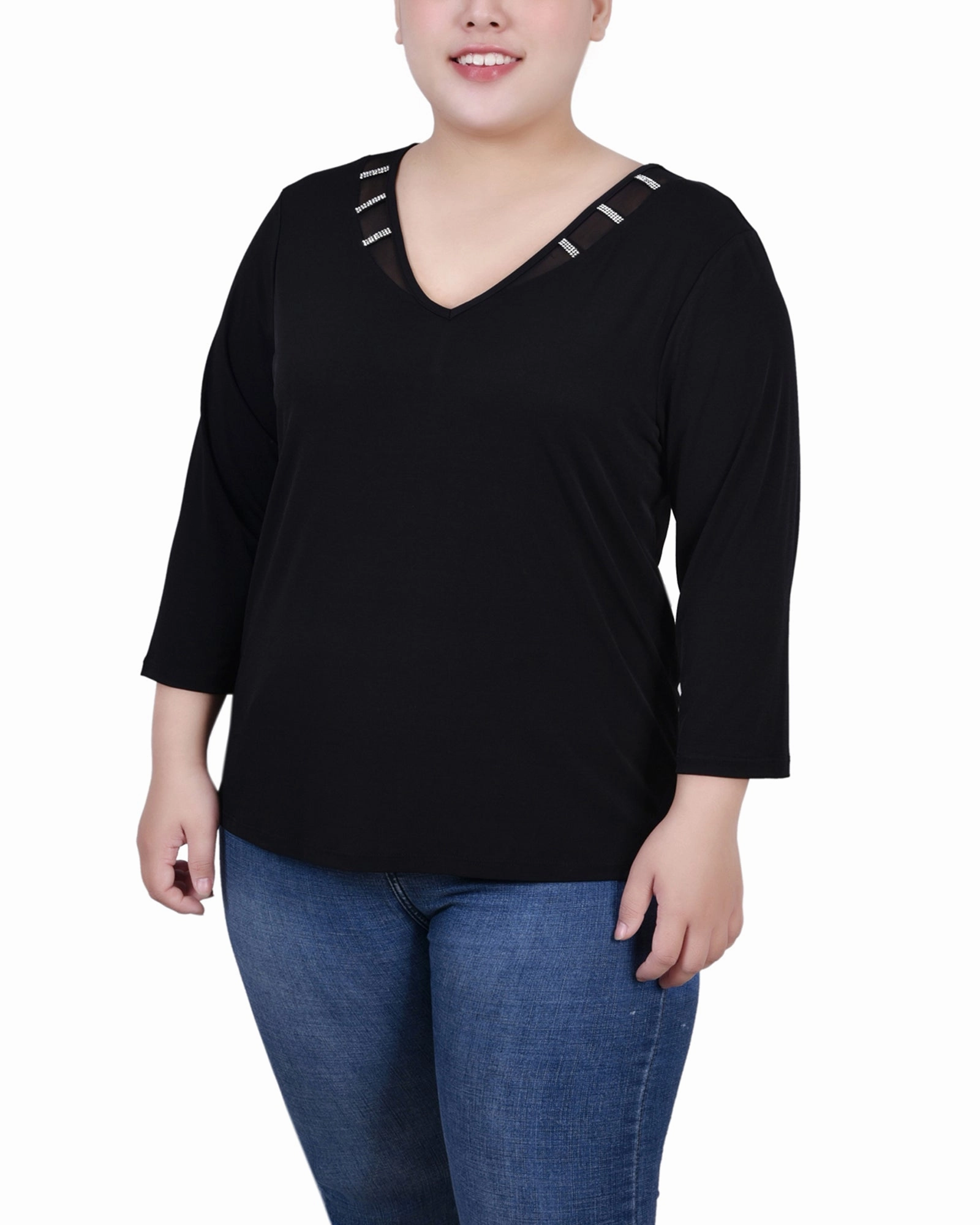 Plus Size 3/4 Sleeve Top With Illusion Neckline and Stones Comfort Cushion Neckline Quick Release Buttons