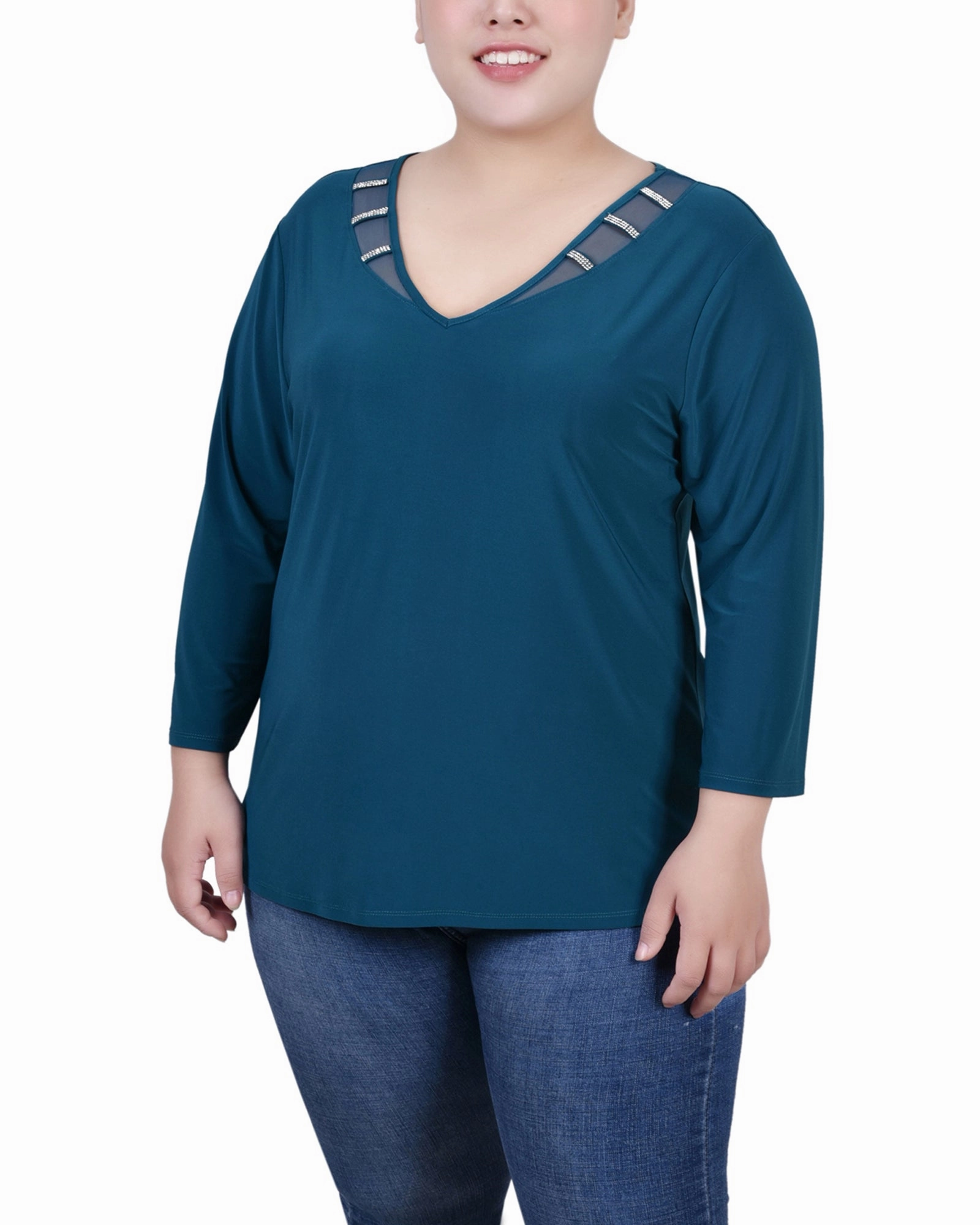 Plus Size 3/4 Sleeve Top With Illusion Neckline and Stones FlexibleKnit Printed top