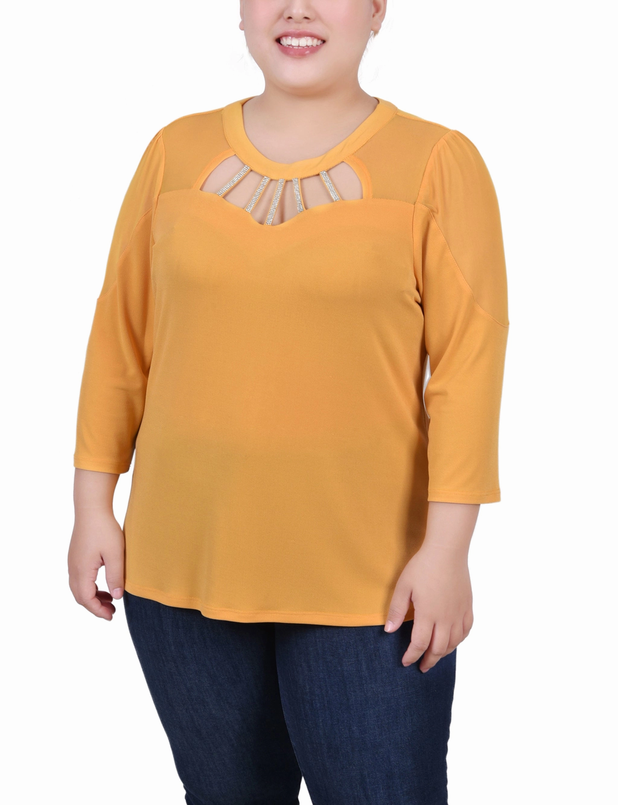 Relaxed Tank Plus Size 3/4 Sleeve Top With Neckline Cutouts and Stones